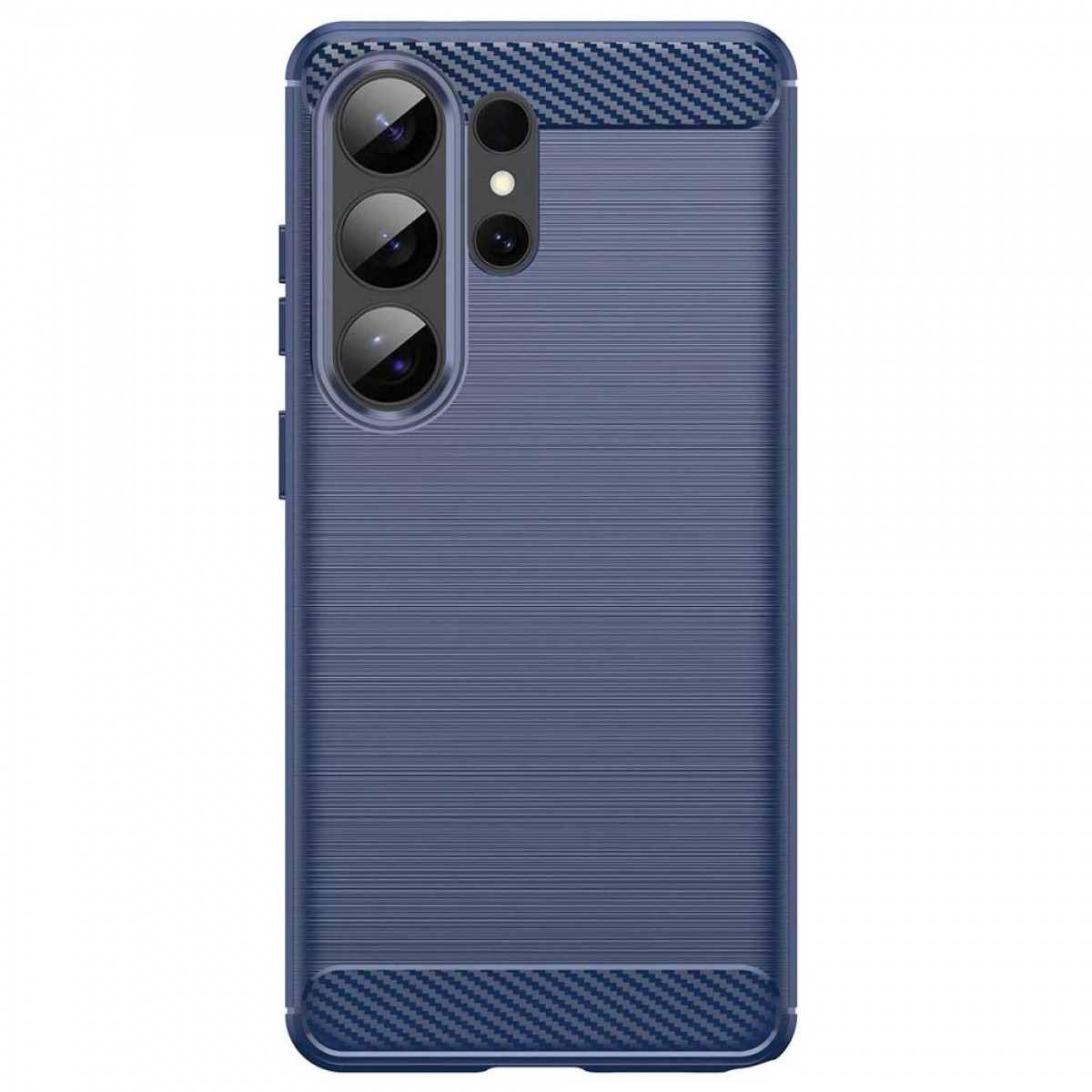 Eine blaue Handyhülle mit Carbon-Akzenten und Kameraloch.