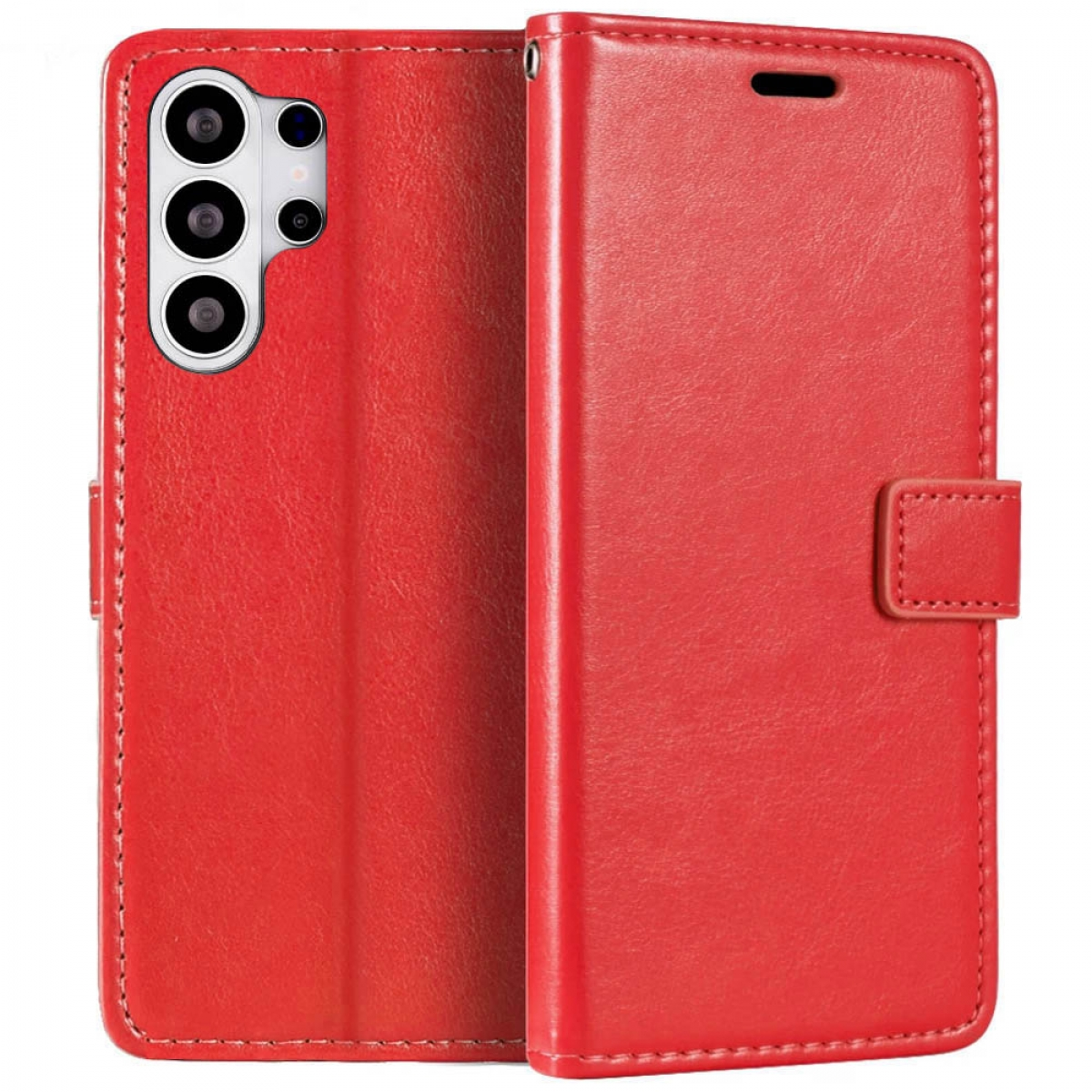 Rote Ledertasche mit Kameraaussparung und Magnetverschluss.