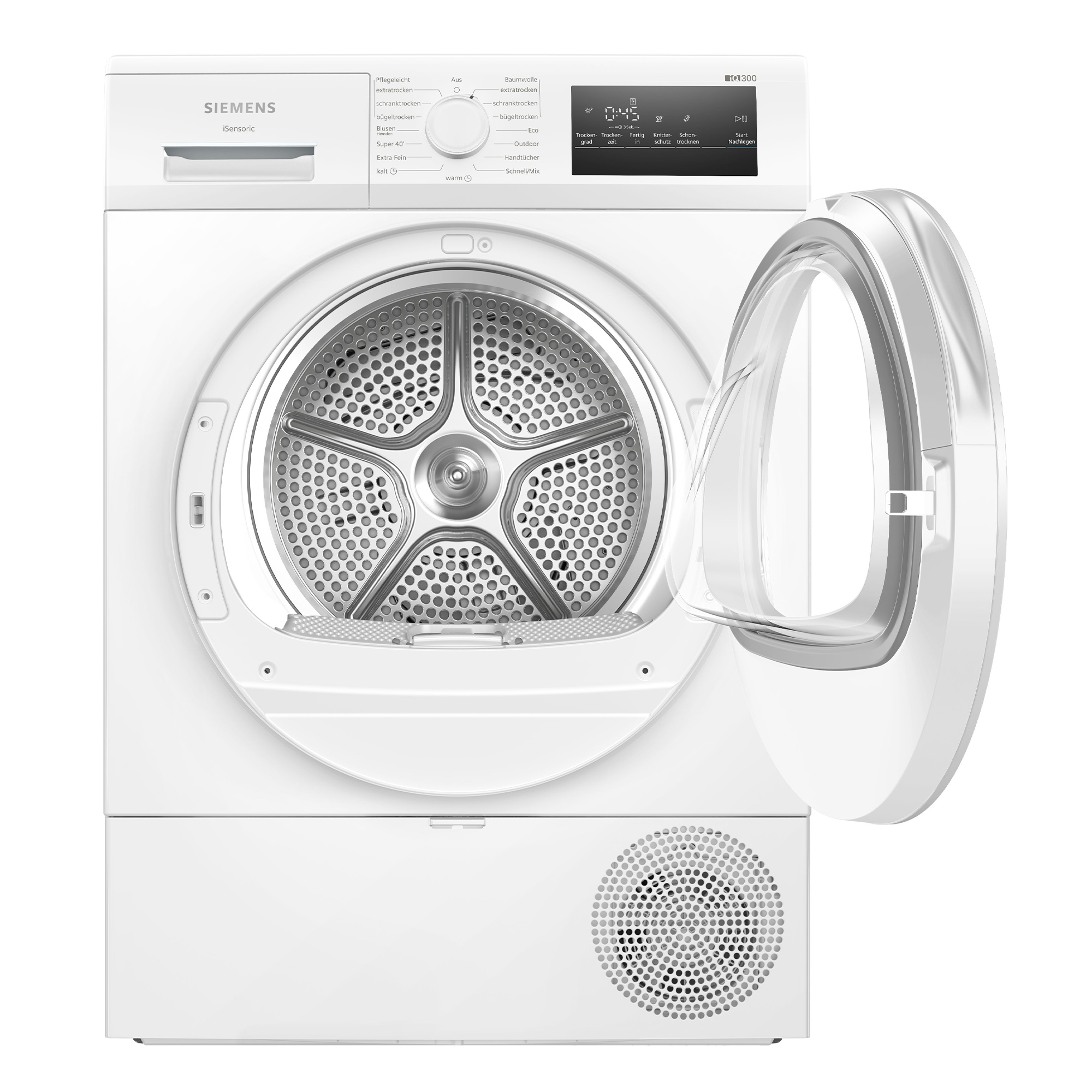 Lavatrice Siemens bianca con porta aperta e bordo argentato. Pannello di controllo con display.
