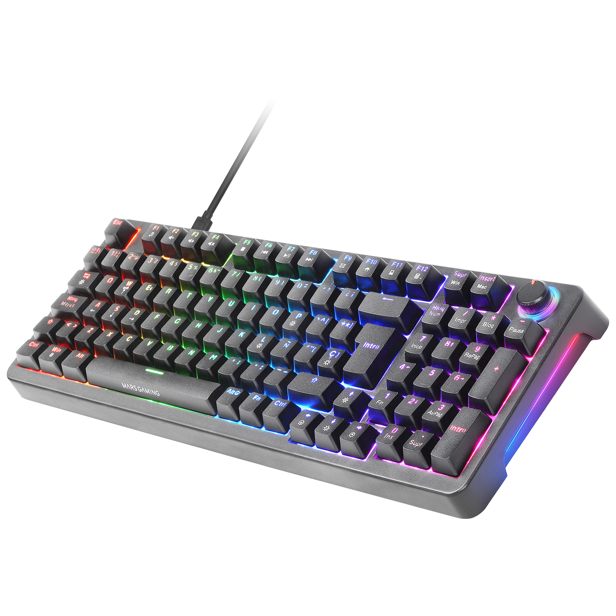 Un teclado negro con iluminación RGB y una perilla giratoria en la parte superior derecha.