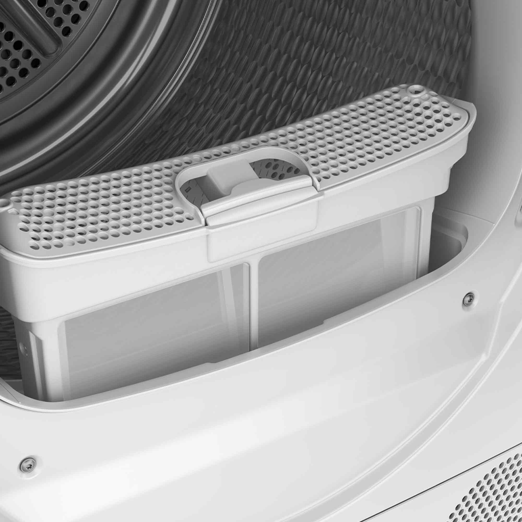 Un filtro per lanugine bianco all'interno di un'asciugatrice.
