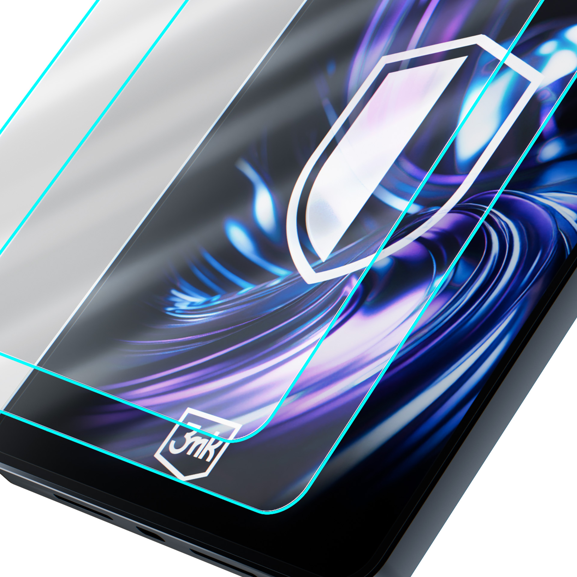 Folia ochronna na ekran z niebieskimi krawędziami leży na smartfonie z logo tarczy.