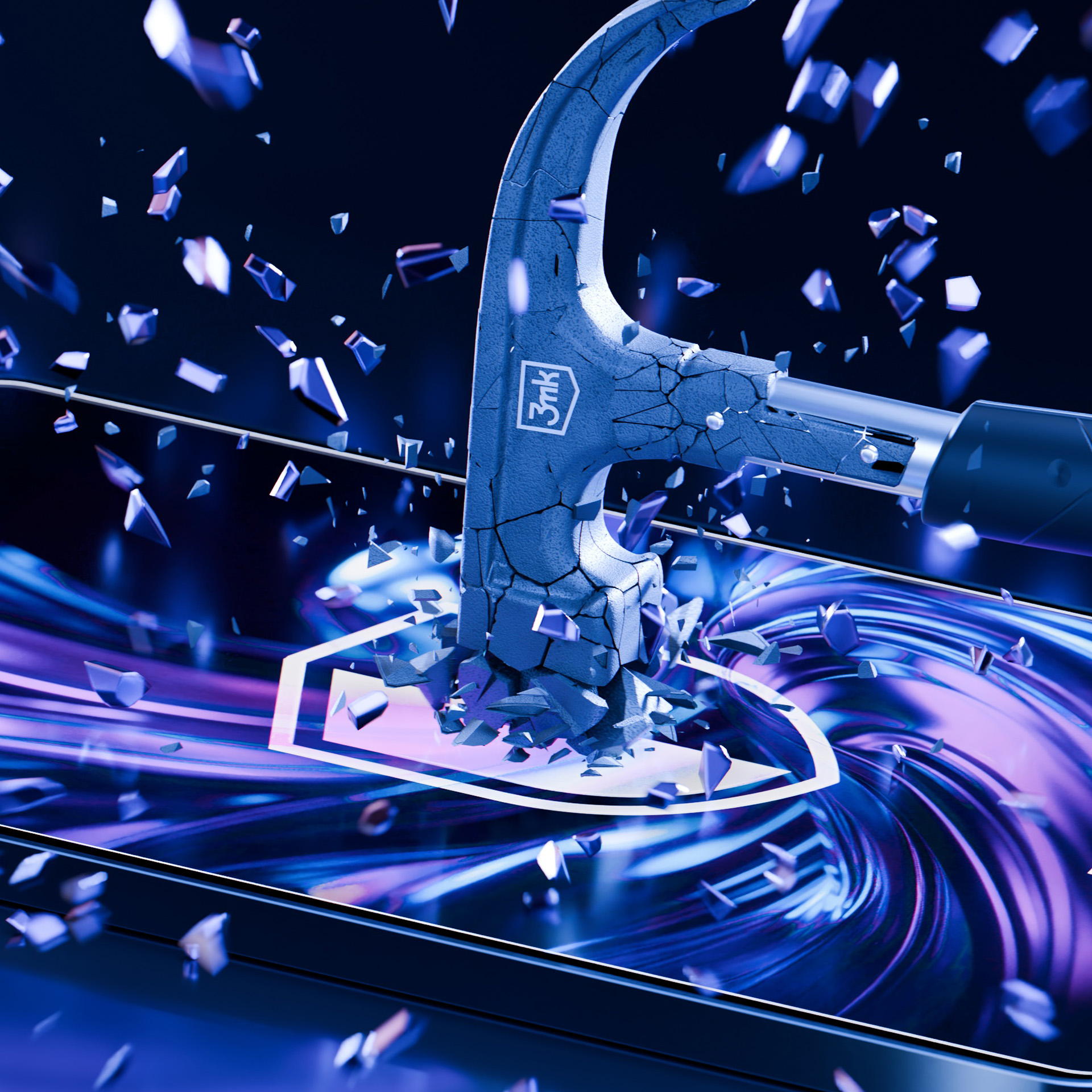 Niebieski młotek rozpada się na ekranie, rozsypując odłamki.