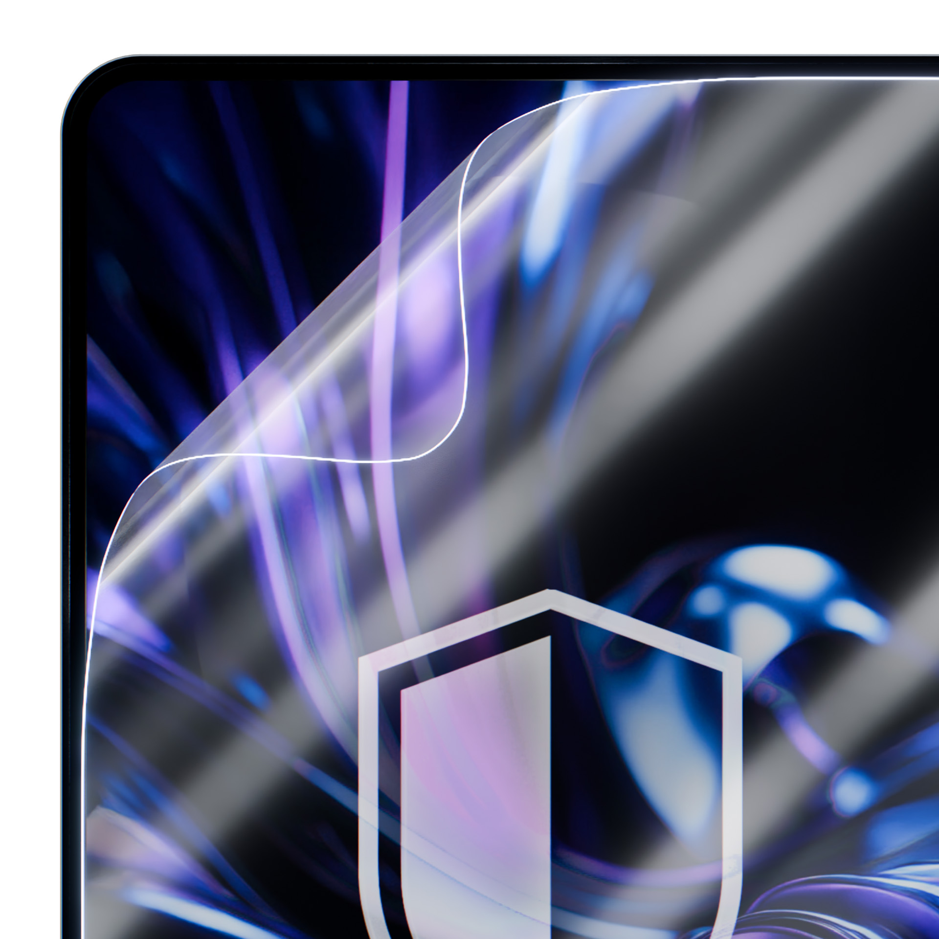 Folia ochronna na ciemnym tle z fioletowymi i niebieskimi wirami.