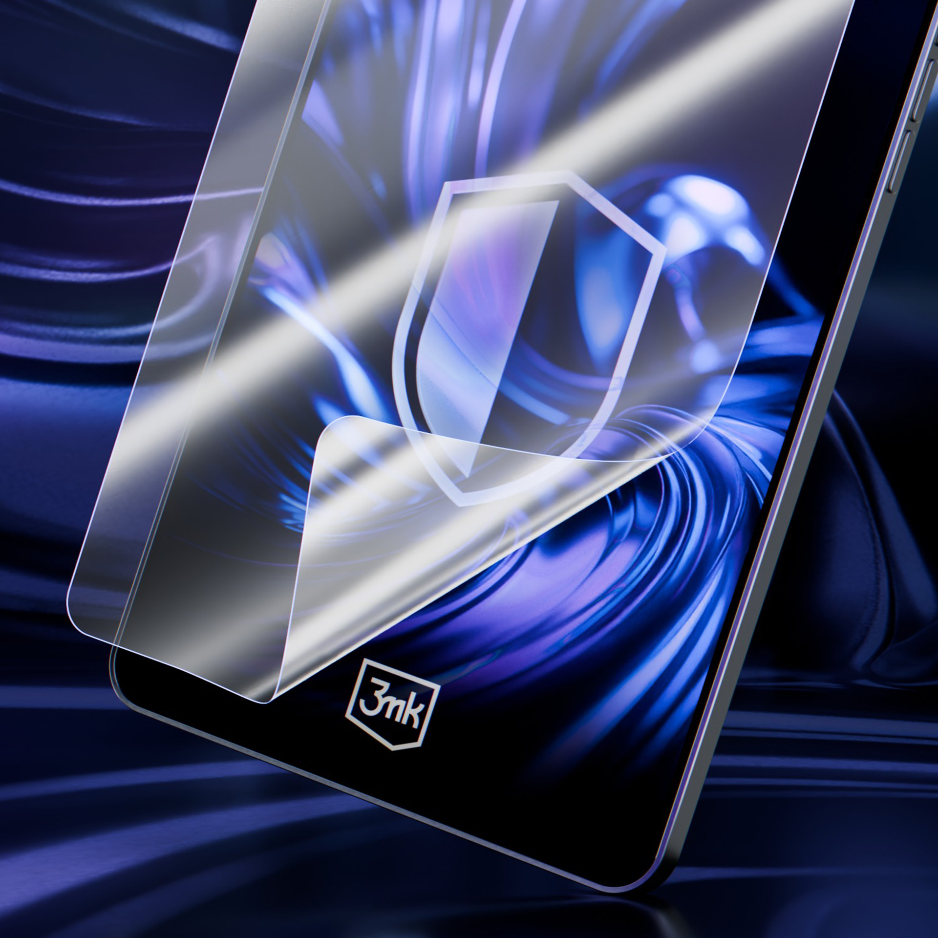 Folia ochronna jest nakładana na smartfon z niebiesko-fioletową grafiką tła.