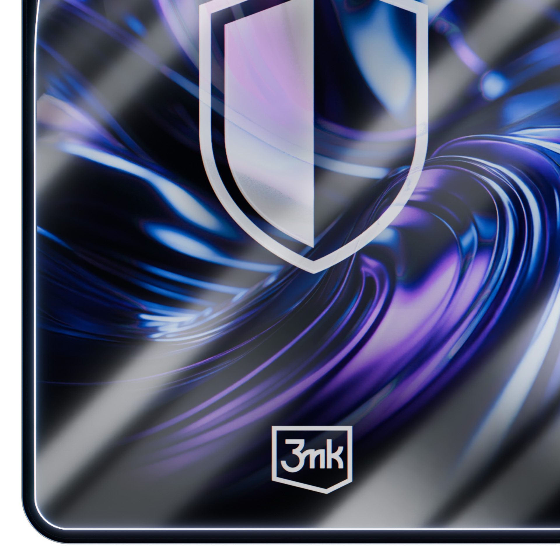 Biała ikona tarczy na wirującym wzorze niebieskich i fioletowych linii.