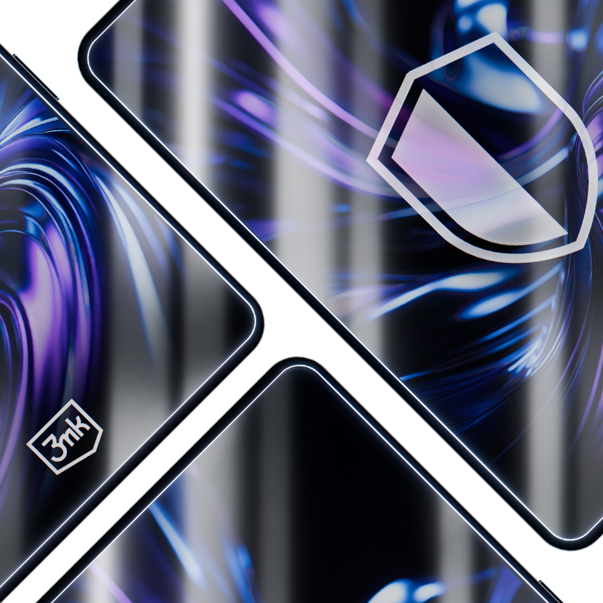 Kilka smartfonów z neonowo-fioletowymi smugami na ekranach i ikoną tarczy.