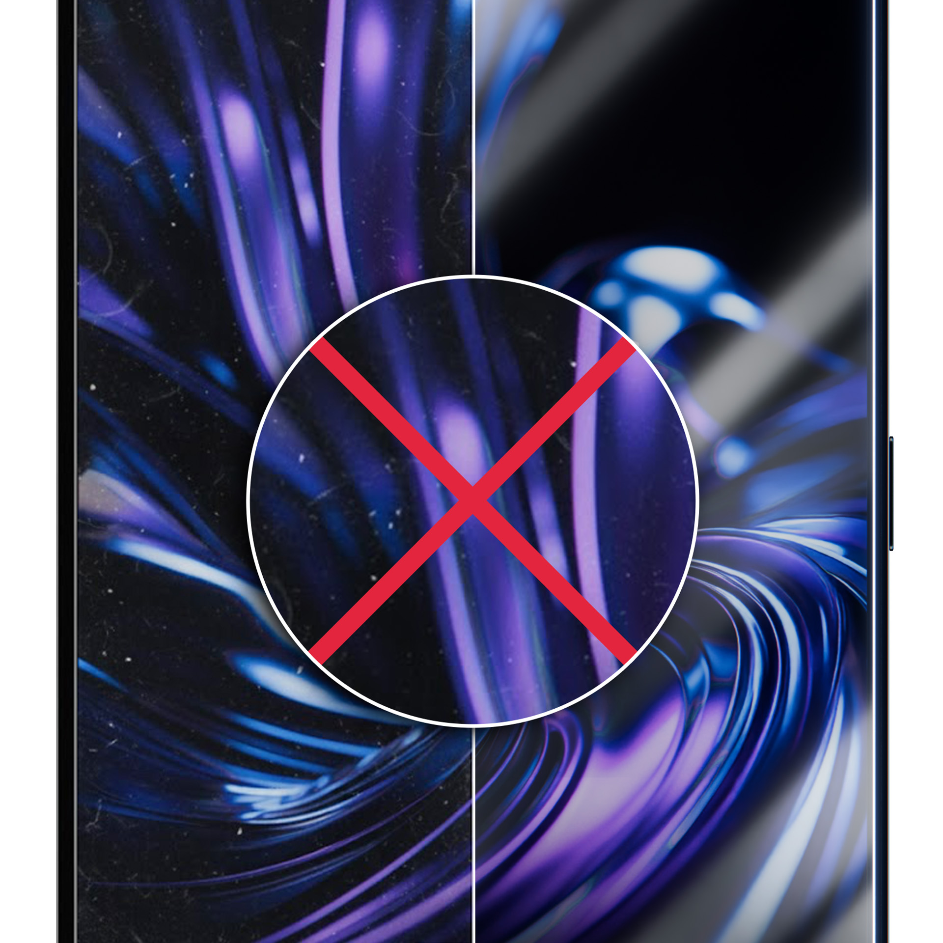 Abstrakcyjne niebieskie i fioletowe pasma, przekreślone czerwonym X.