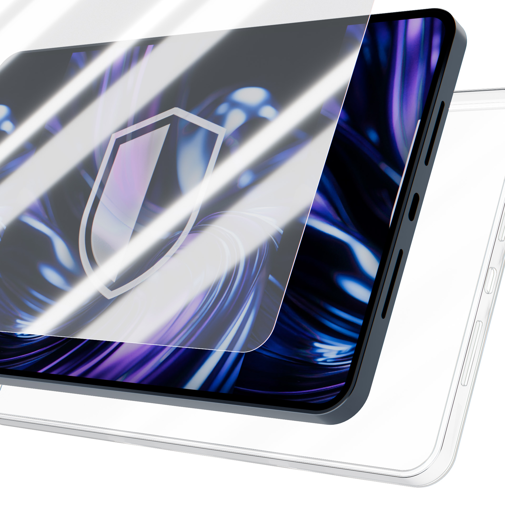 Ochraniacz ekranu z ikoną tarczy na ciemnym, falistym tle.