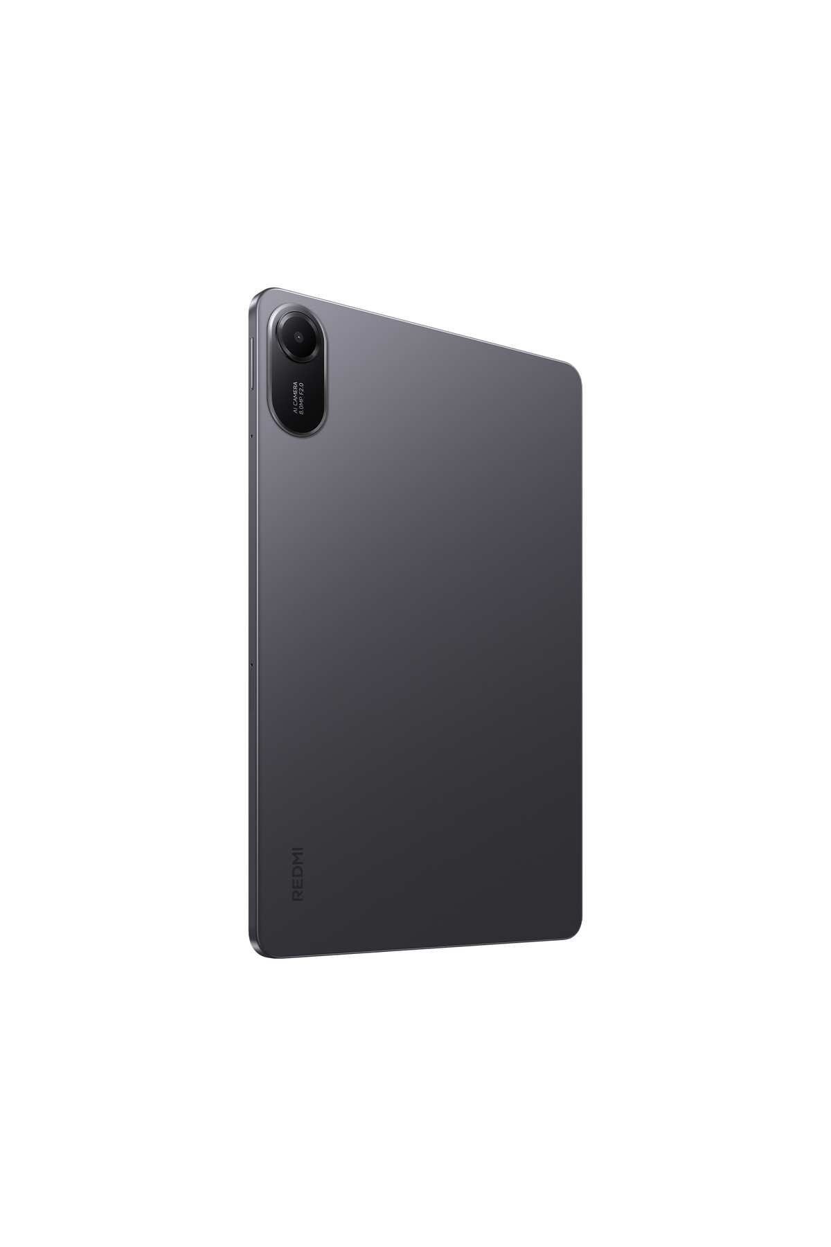 Beyaz arka plan üzerinde kamera ve Redmi logosu bulunan gri tablet.