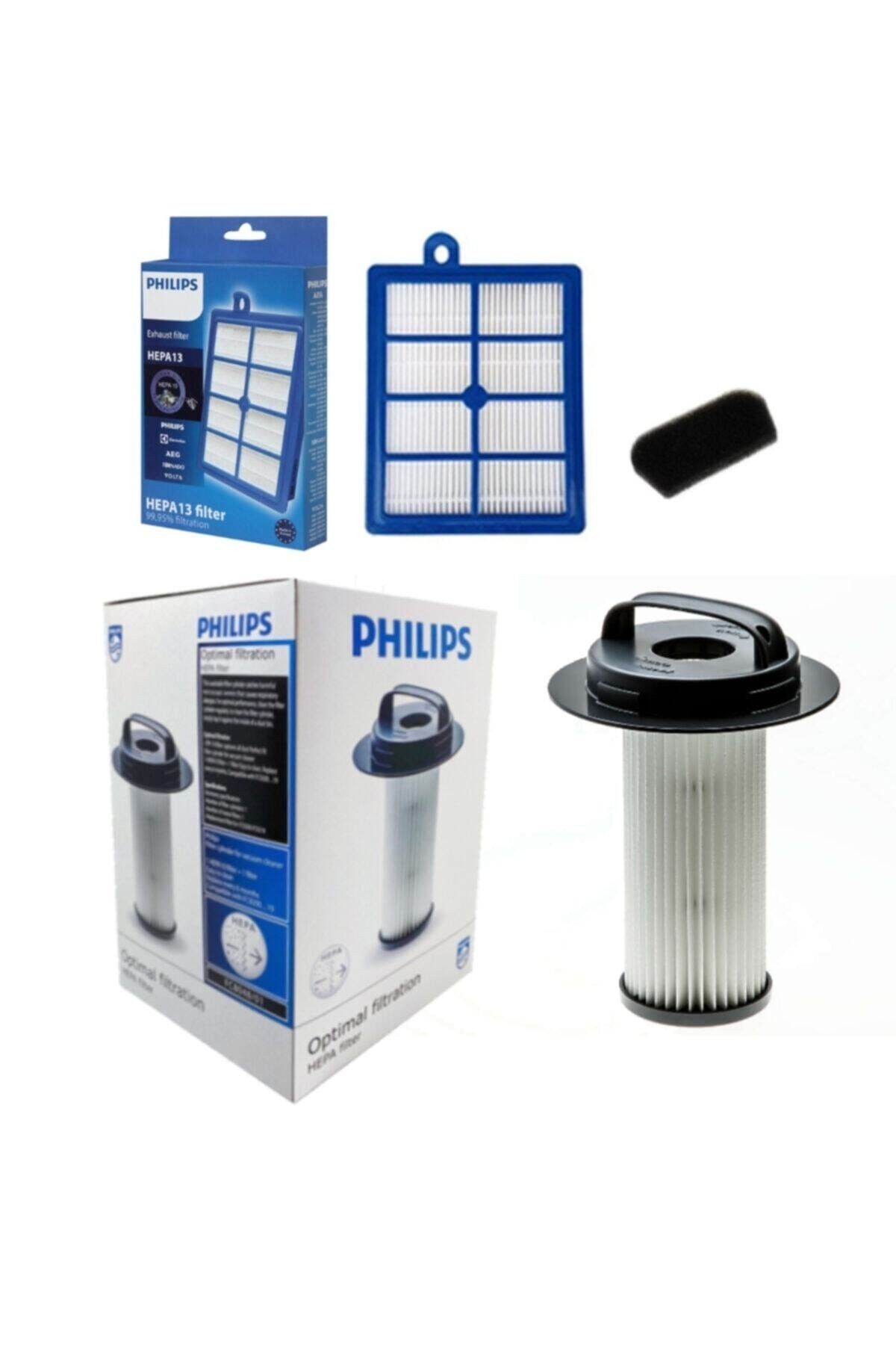 Philips HEPA filtreleri ve aksesuarları: kutular, filtreler ve küçük sünger filtre.