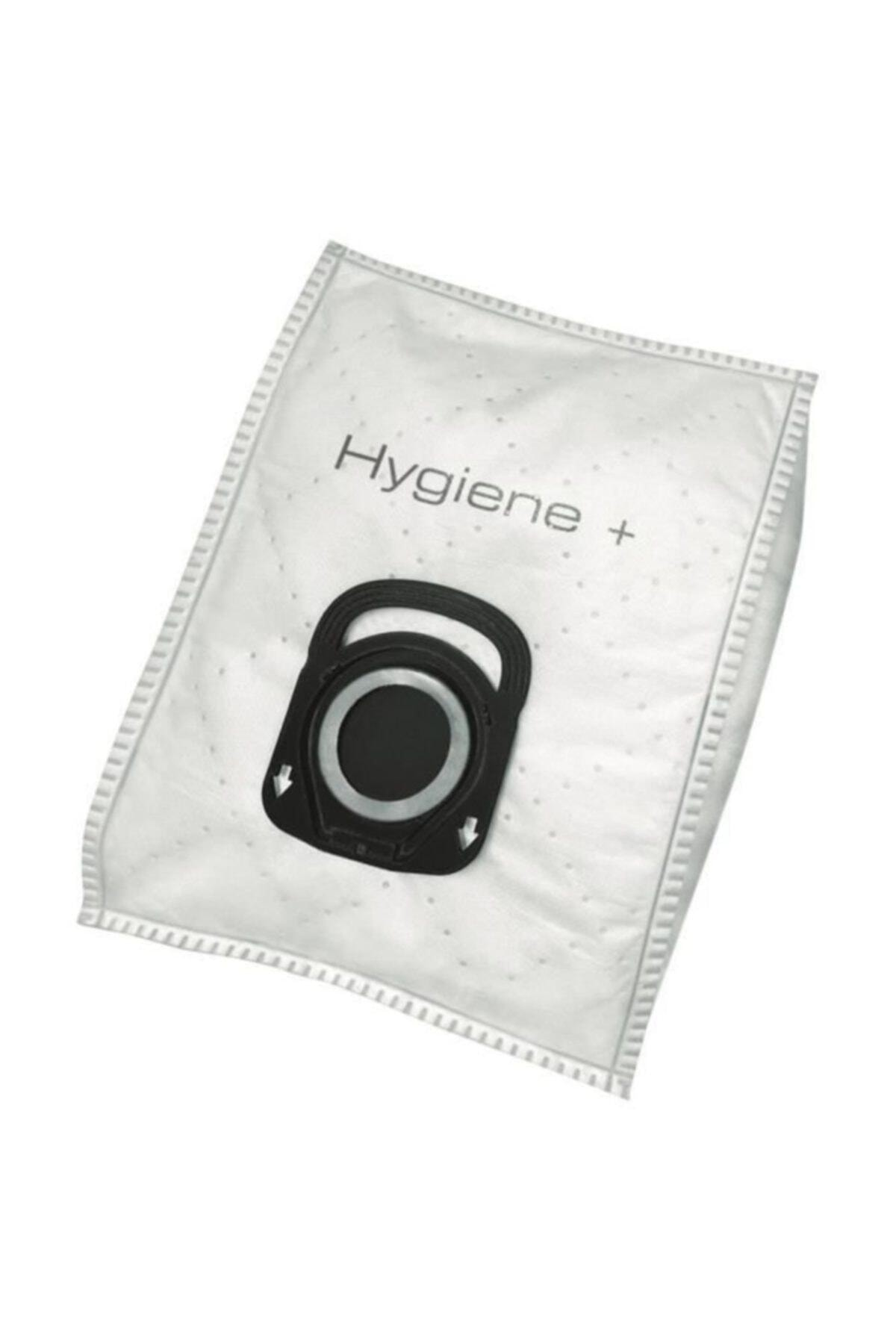 Siyah bağlantı parçalı ve "Hygiene +" yazılı beyaz elektrikli süpürge torbası.