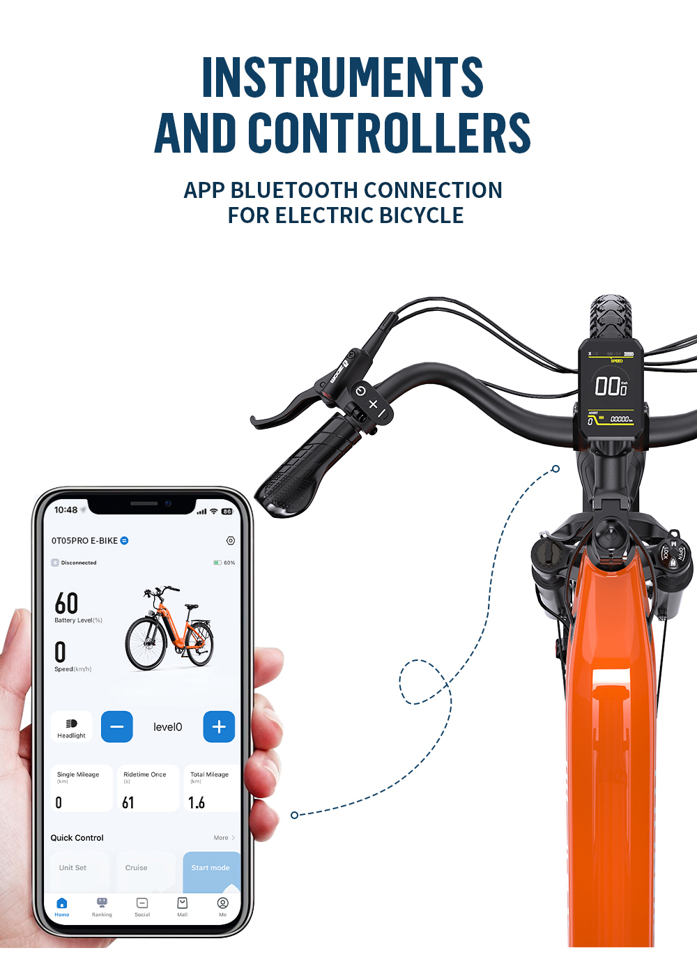 Mano che tiene smartphone con app e-bike, manubrio e-bike con display.