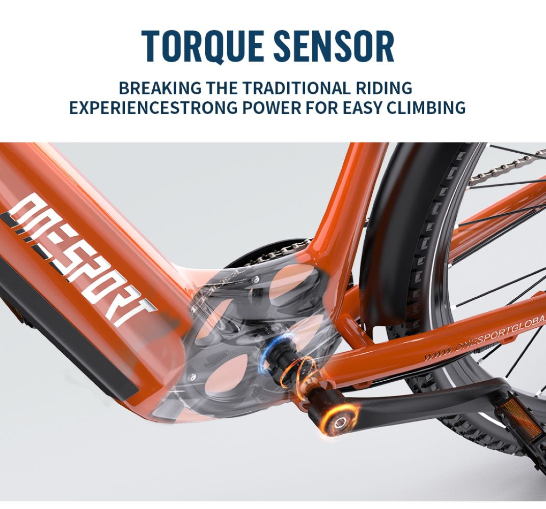 Pedivella e-bike arancione con logo "ONESPORT" e sensore di coppia visibile.