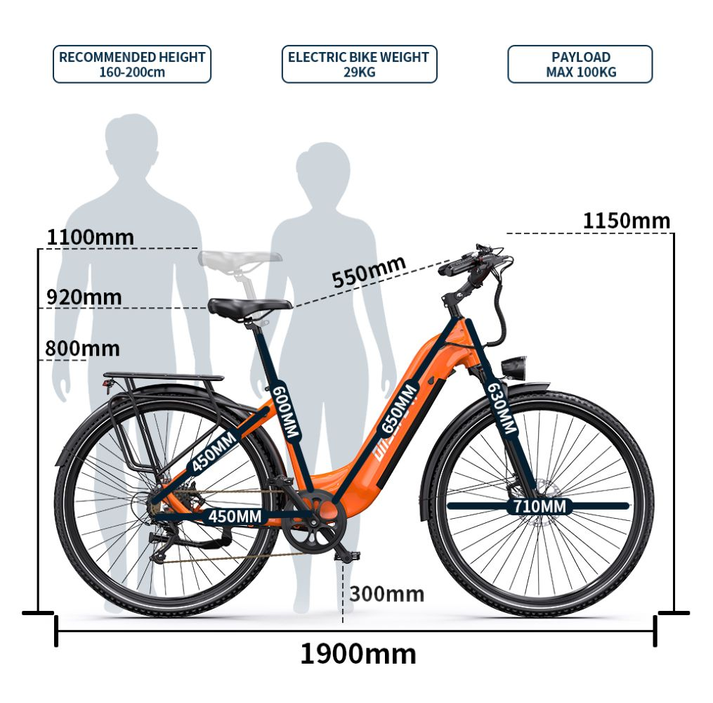 E-bike arancione con dimensioni: 1900mm lunghezza, 1150mm altezza. Altezza consigliata 160-200cm.