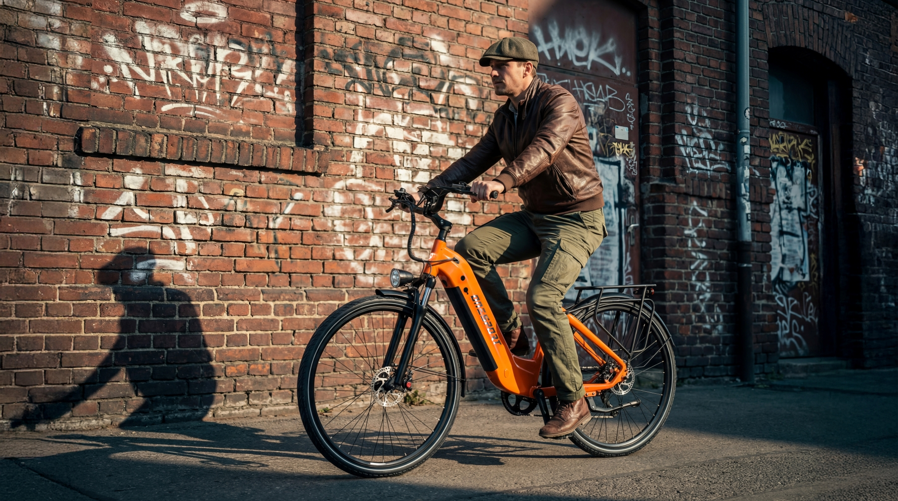 Hombre monta una bicicleta eléctrica naranja frente a un muro de ladrillos con grafitis.