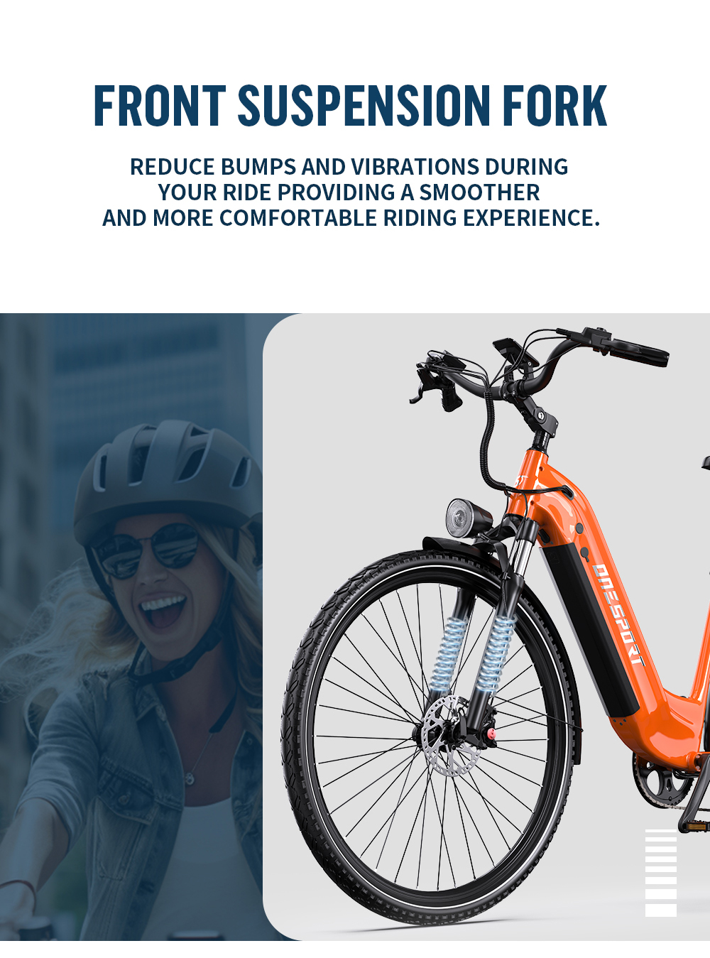 E-bike arancione con sospensione anteriore e donna sorridente con casco.