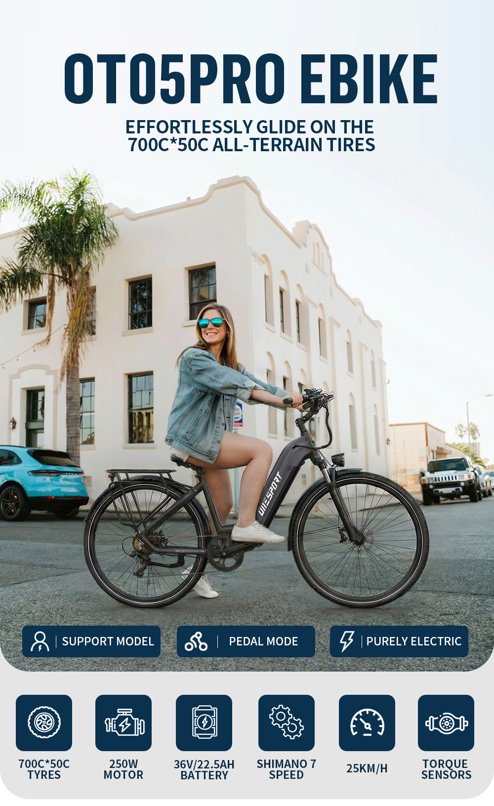 Una donna guida una e-bike grigia con pneumatici 700C*50C davanti a un edificio bianco.