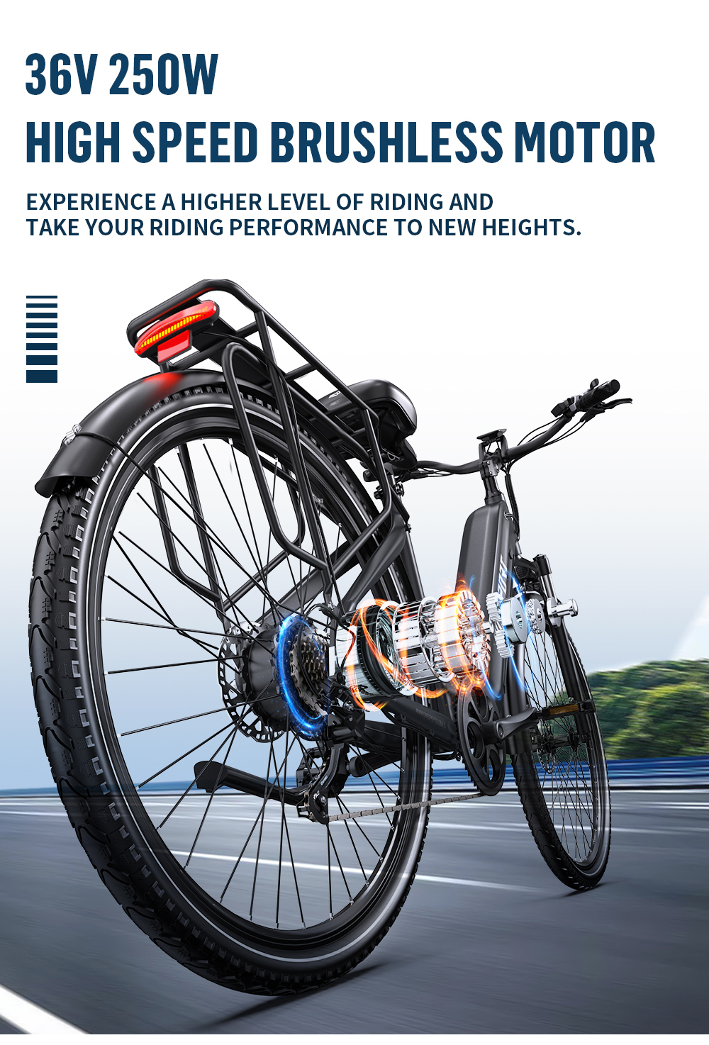 Bicicletta elettrica nera con componenti motore esposti, su strada. Testo: 36V 250W HIGH SPEED BRUSHLESS MOTOR.