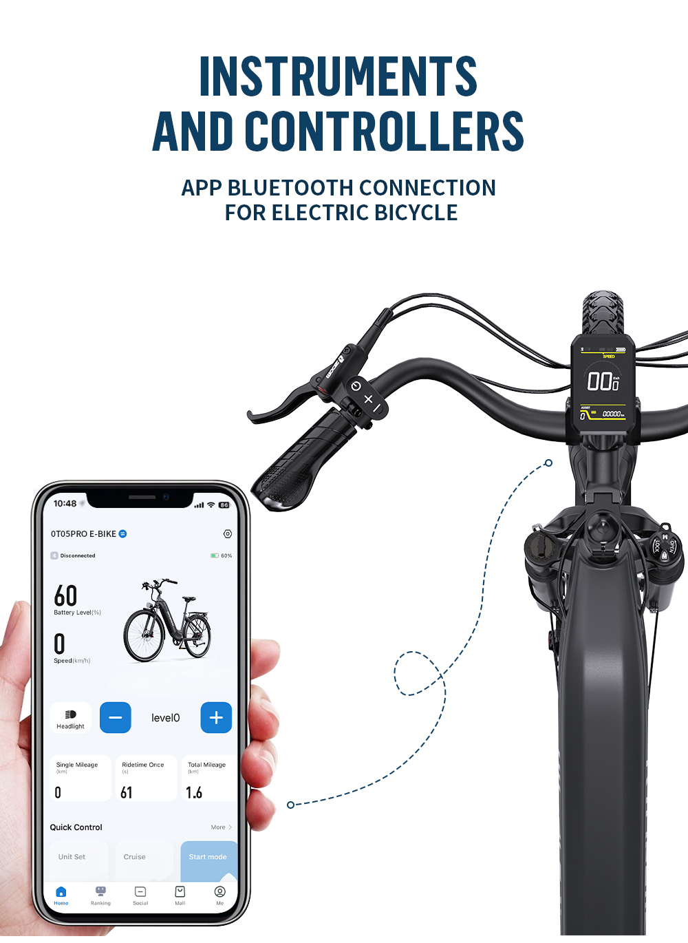 Uno smartphone mostra un'app per e-bike con batteria e velocità. Manubrio con display digitale.