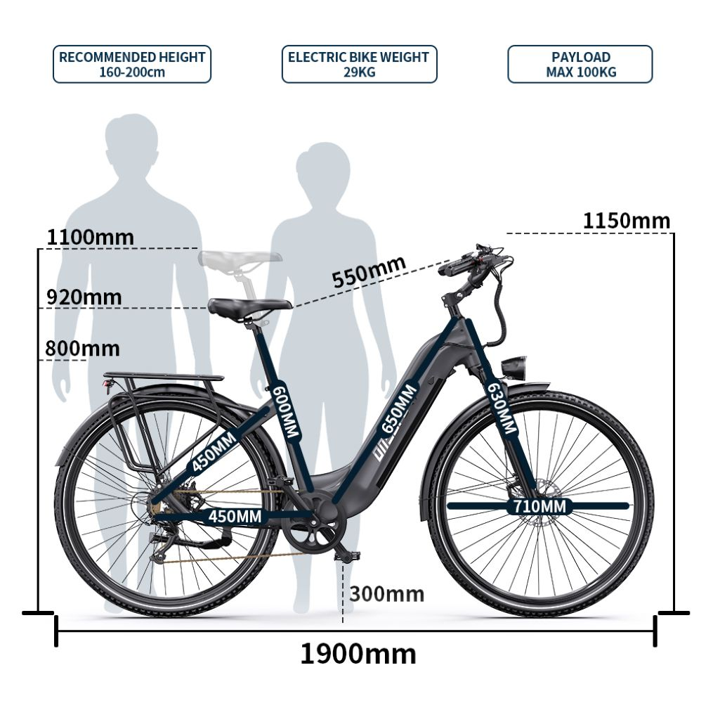 Una e-bike con dimensioni, raccomandata per persone alte 160-200cm.