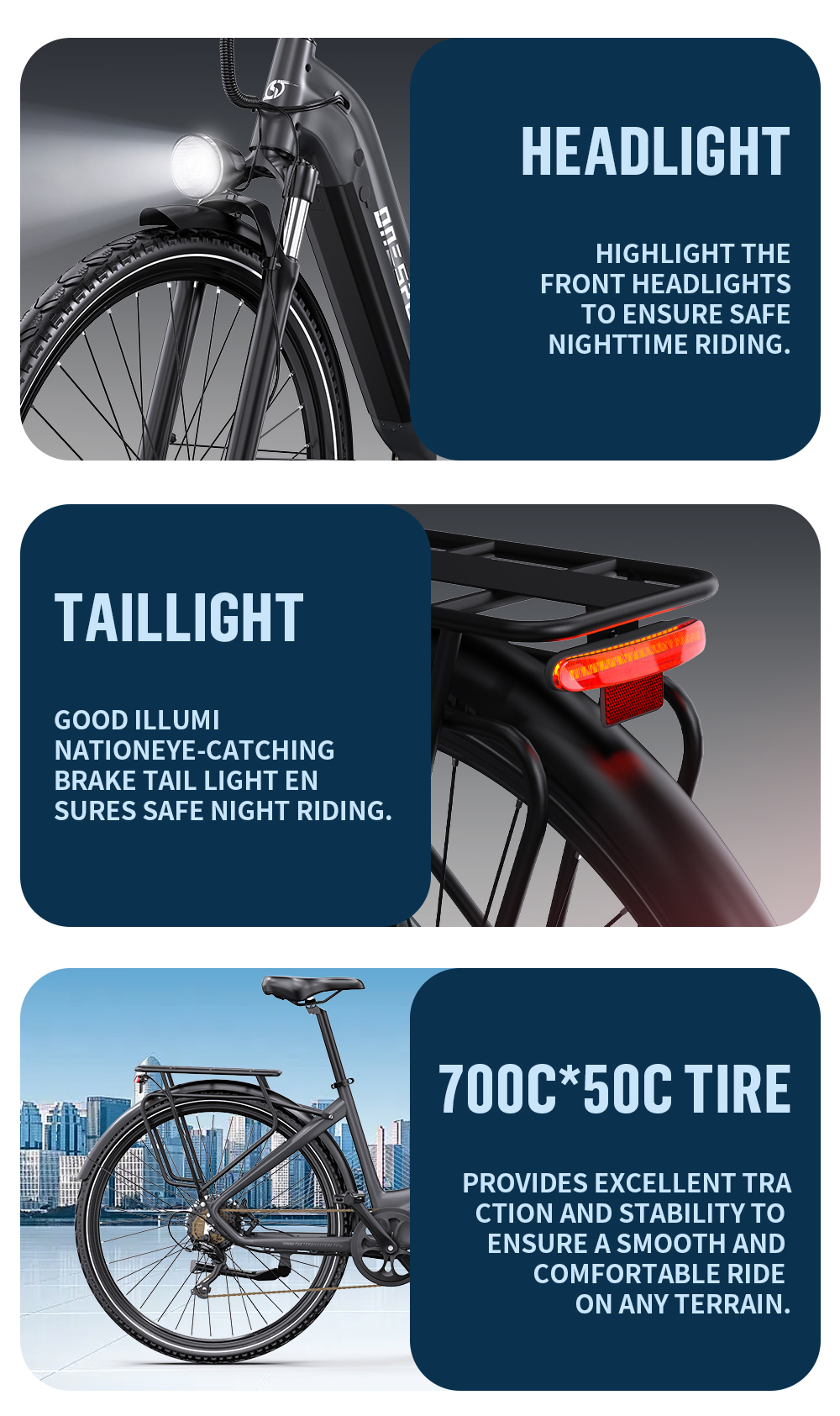Bicicletta con faro anteriore luminoso, fanale posteriore rosso e pneumatici 700c*50c.