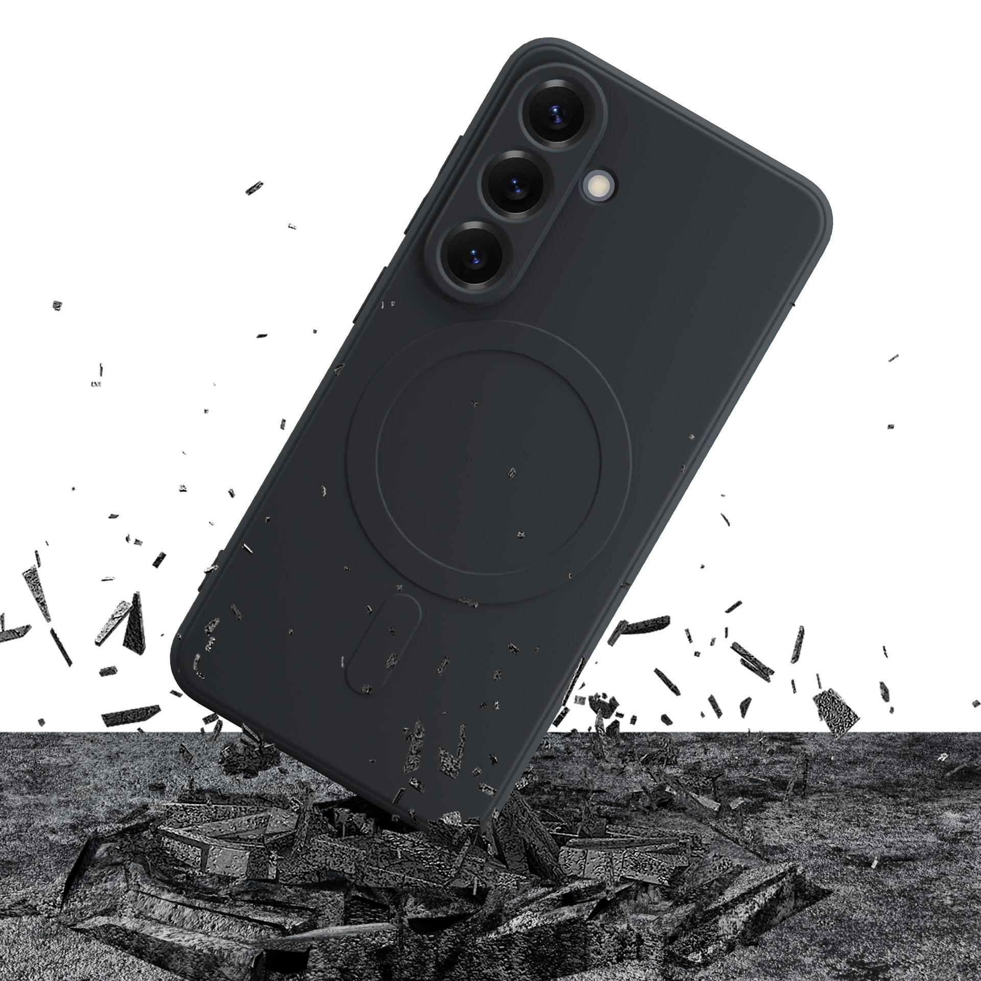 Czarny telefon z trzema aparatami spada na zniszczone fundamenty.