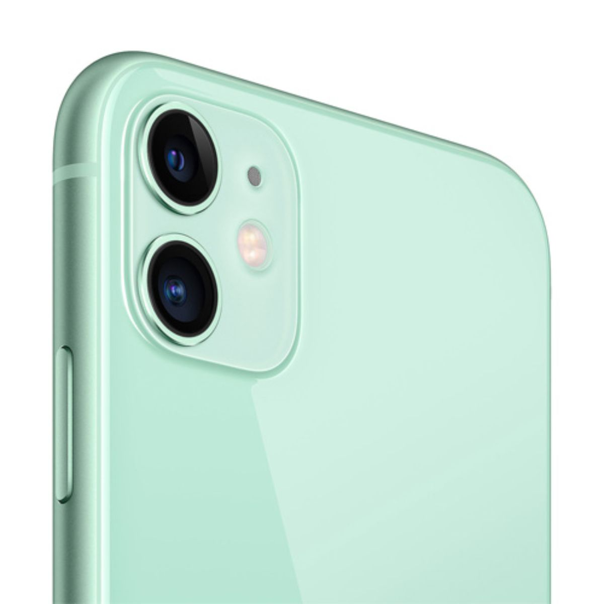 Retro di un iPhone verde menta con doppia fotocamera e flash.