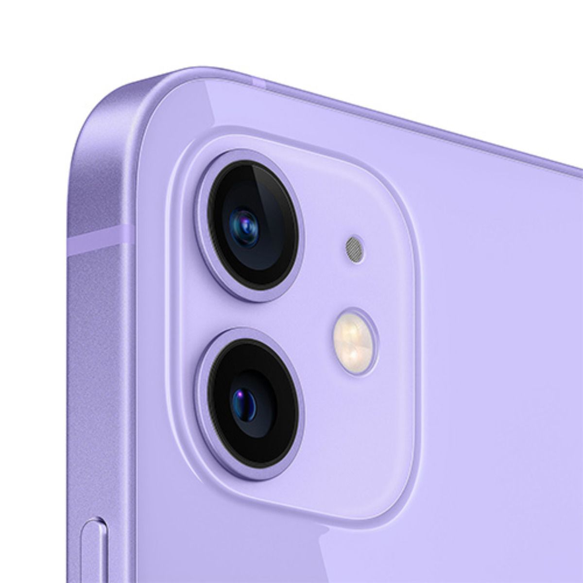 Primo piano del retro di un iPhone viola, con doppia fotocamera e flash.