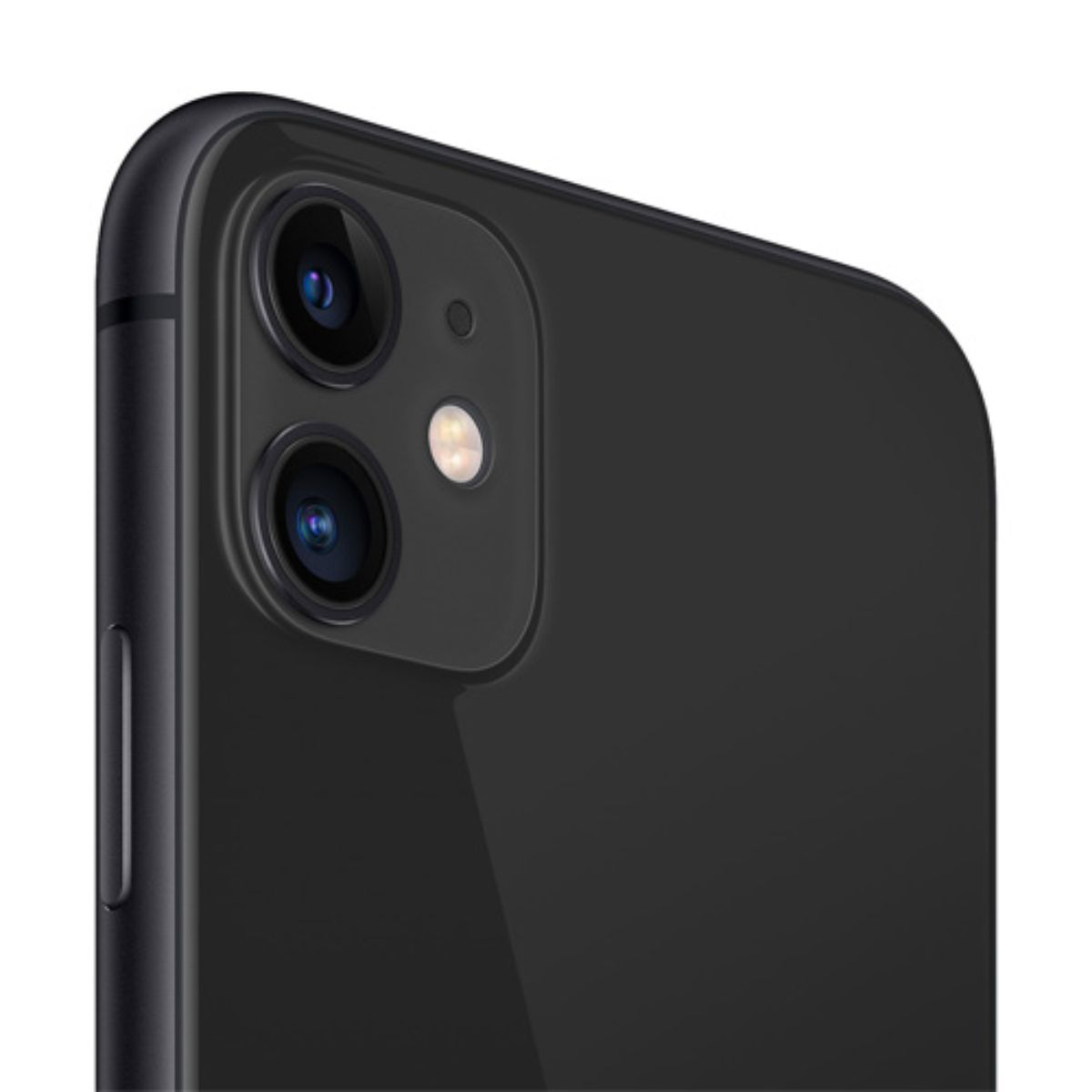 Rückseite eines schwarzen iPhones mit zwei Kameras und Blitz.