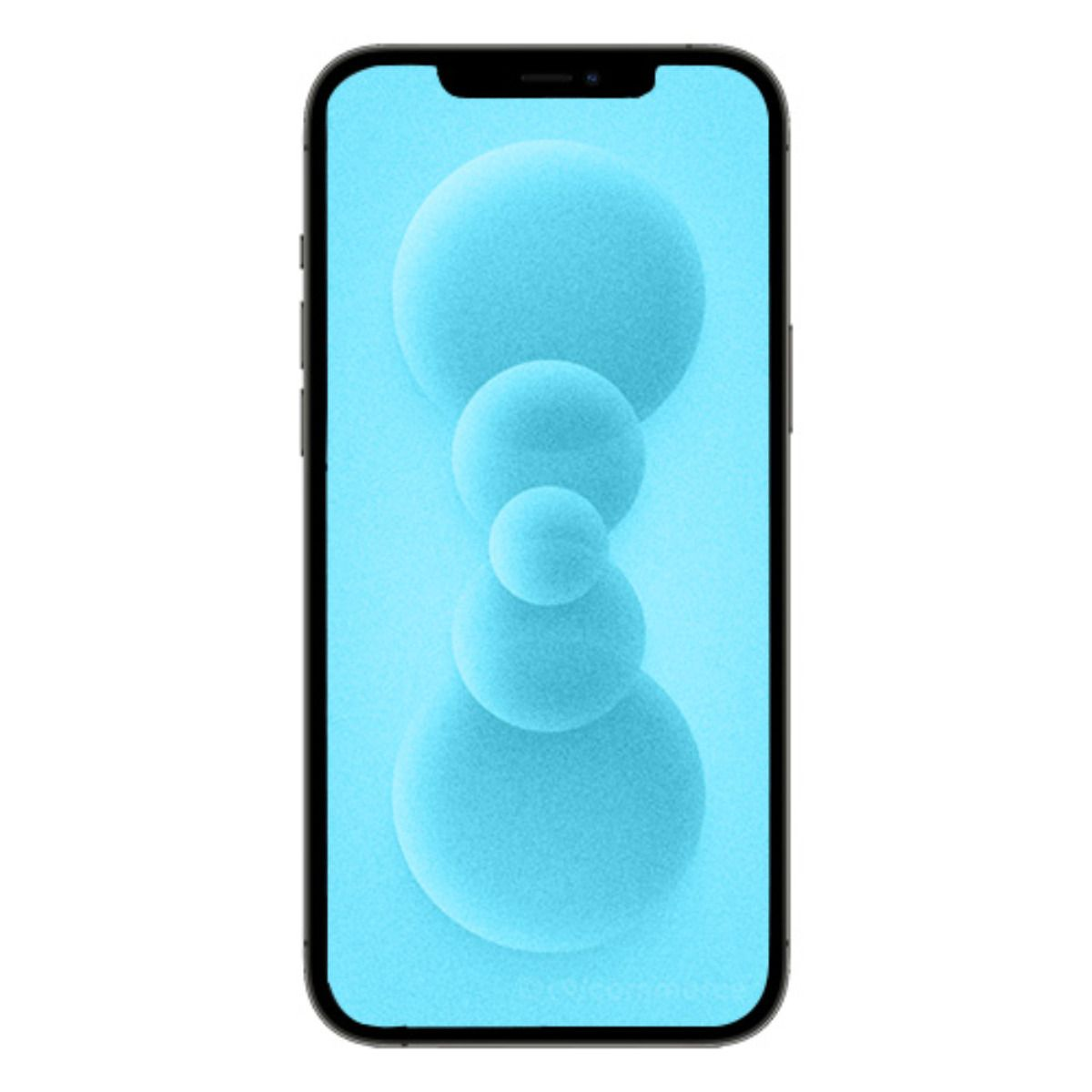 Uno smartphone nero mostra uno sfondo blu con quattro cerchi sovrapposti.