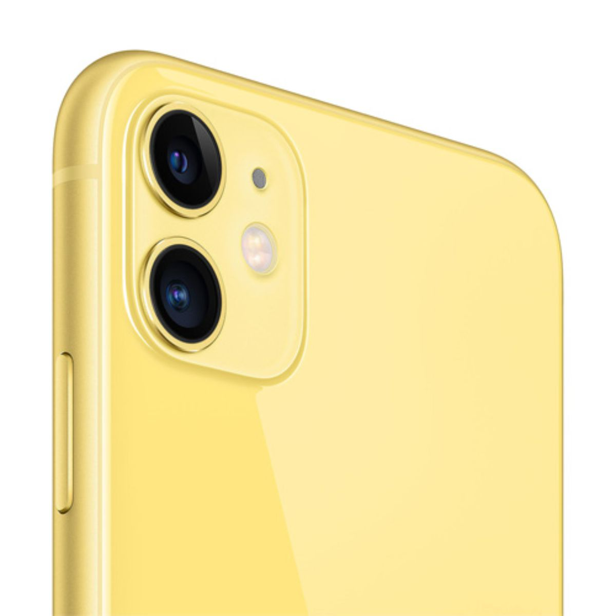 Rückansicht eines gelben iPhones mit Dual-Kamera-Modul und Blitz.