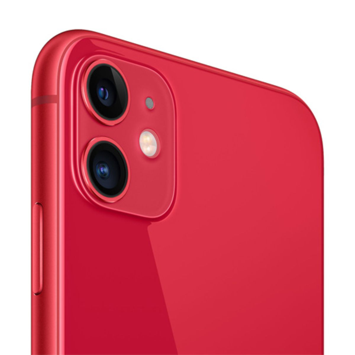 Smartphone rosso con doppia fotocamera e flash. Vista ravvicinata.