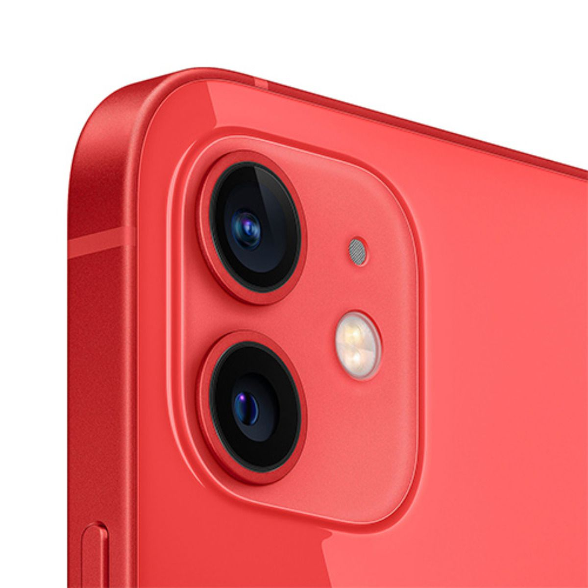 Primo piano del retro rosso di uno smartphone, con doppia fotocamera e flash.