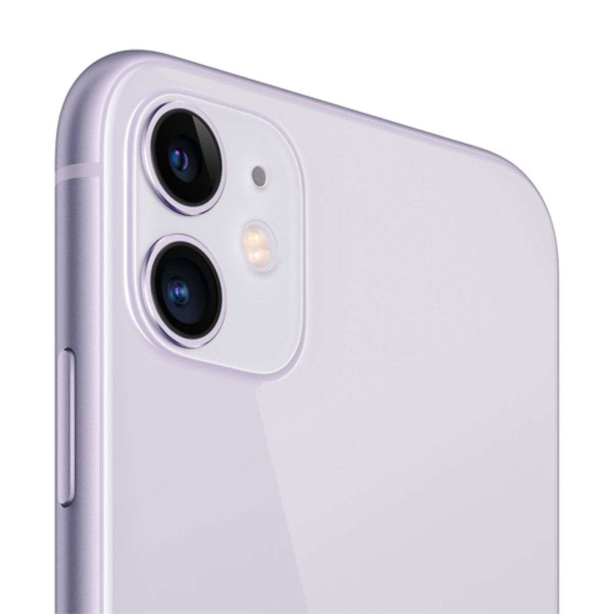 Primo piano del modulo fotocamera posteriore e del pulsante laterale di un iPhone 11 lavanda.