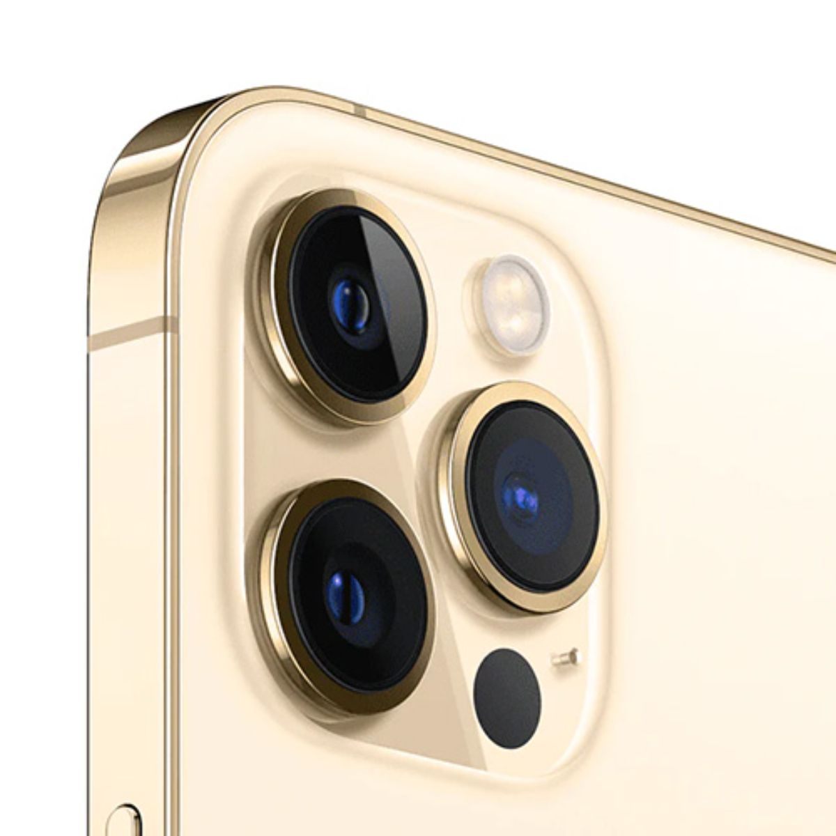 Smartphone dorato con tre obiettivi e flash.