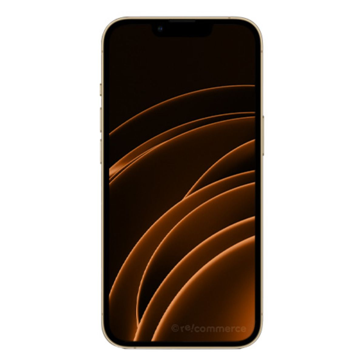 Goldfarbenes Smartphone mit dunklem Hintergrund mit orangen Wellenmustern.