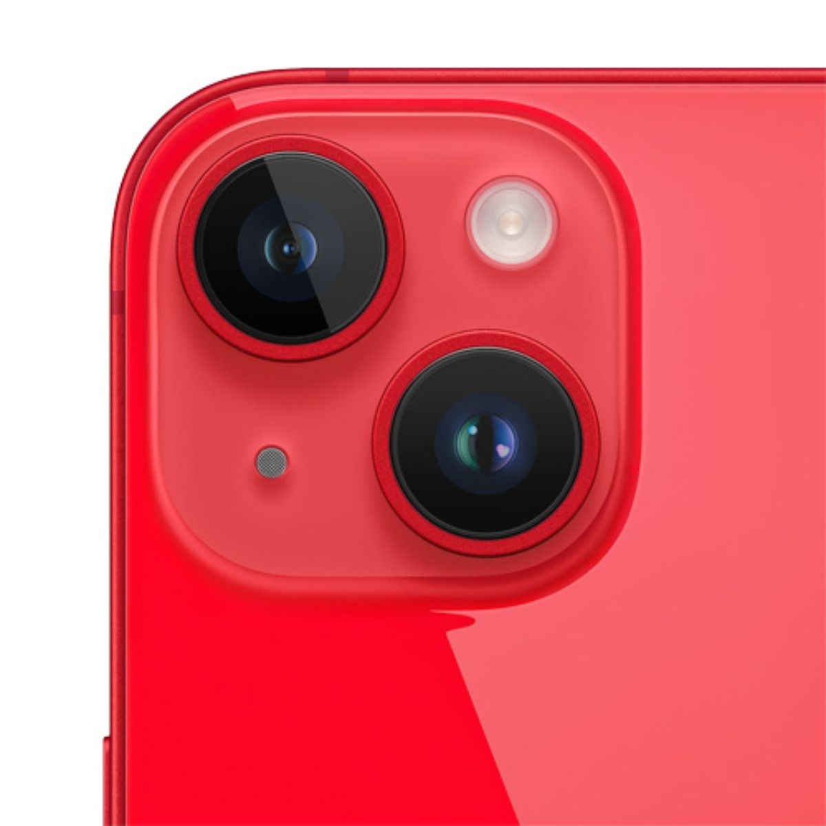 Primo piano del sistema a doppia fotocamera di un iPhone rosso.