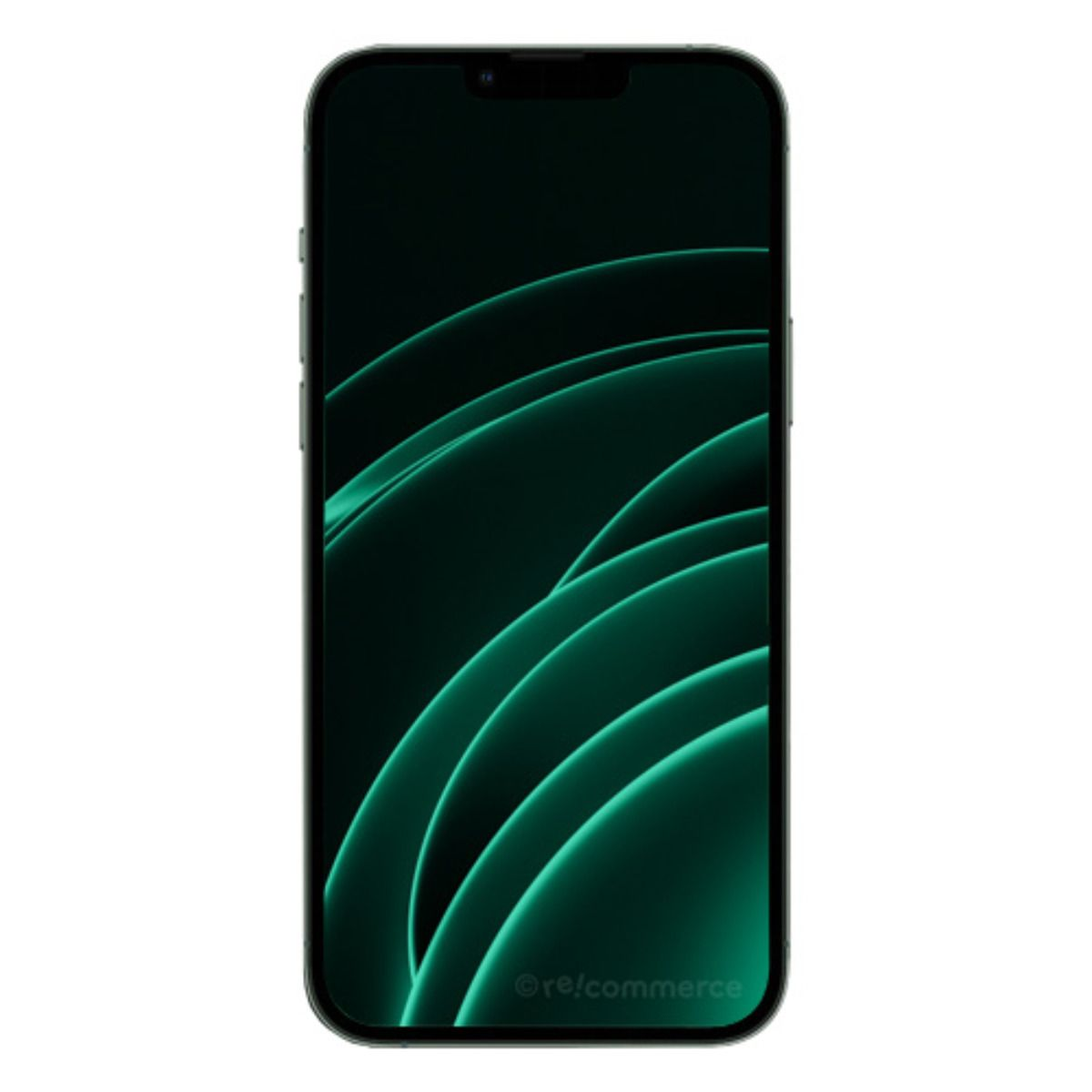 Ein schwarzes Smartphone mit einem dunklen, grünen Wellenmuster-Hintergrundbild.