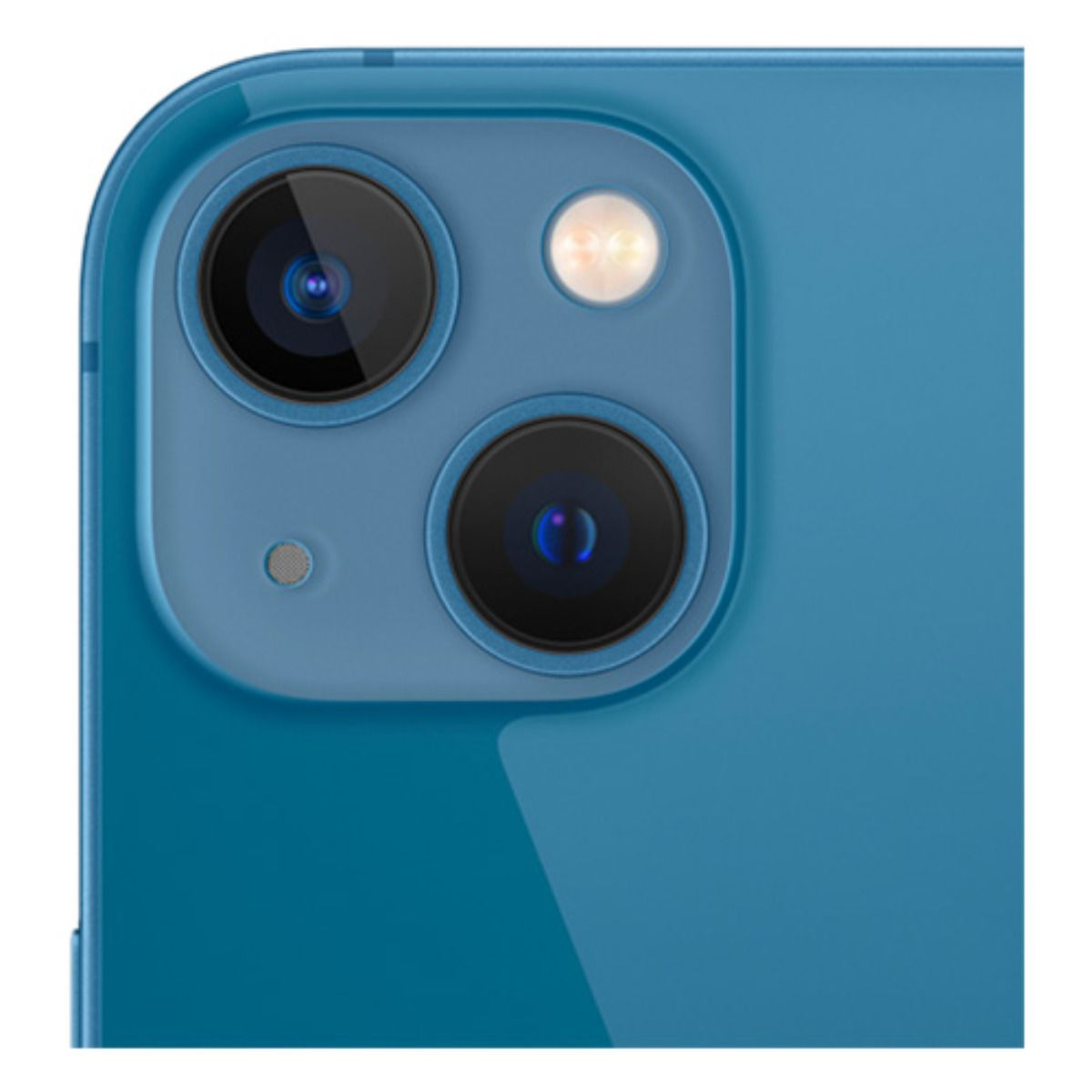 Primo piano del retro blu di uno smartphone con due fotocamere e flash.
