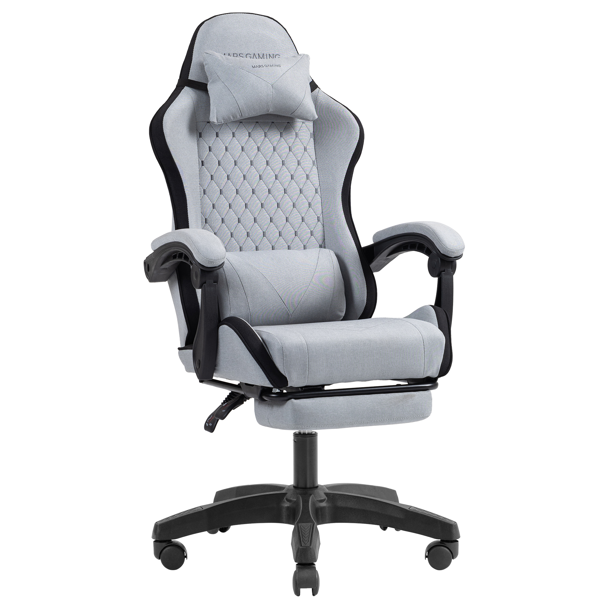 Silla gamer gris con soporte lumbar ajustable y reposapiés.