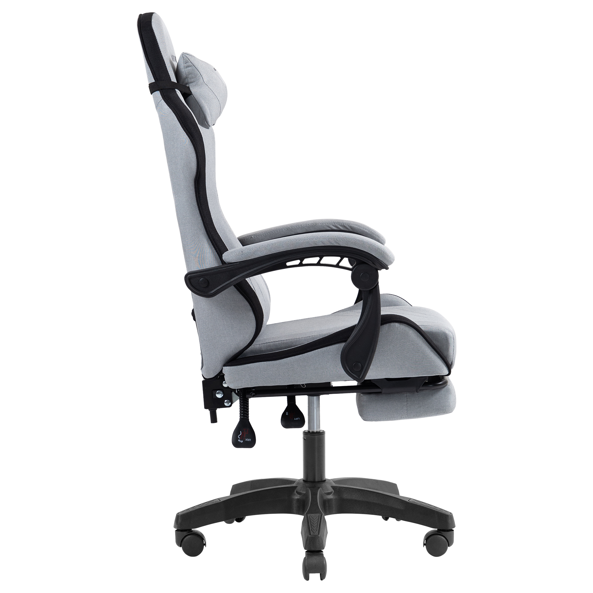 Silla de oficina gris con reposapiés extensible, brazos y reposacabezas ajustables.