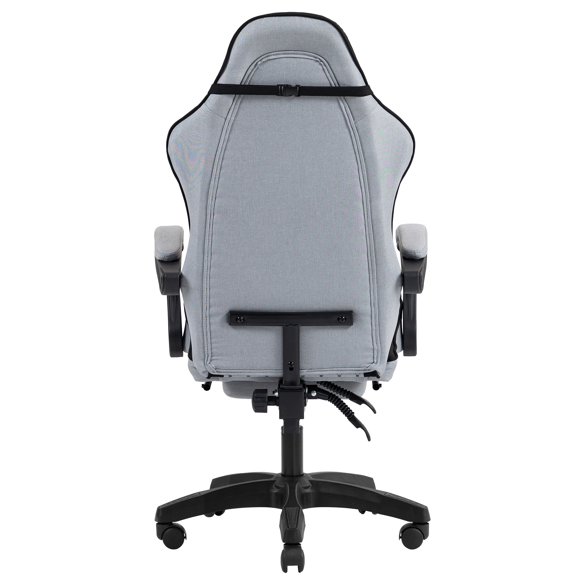 Vista trasera de una silla de oficina gris con base y ruedas negras.