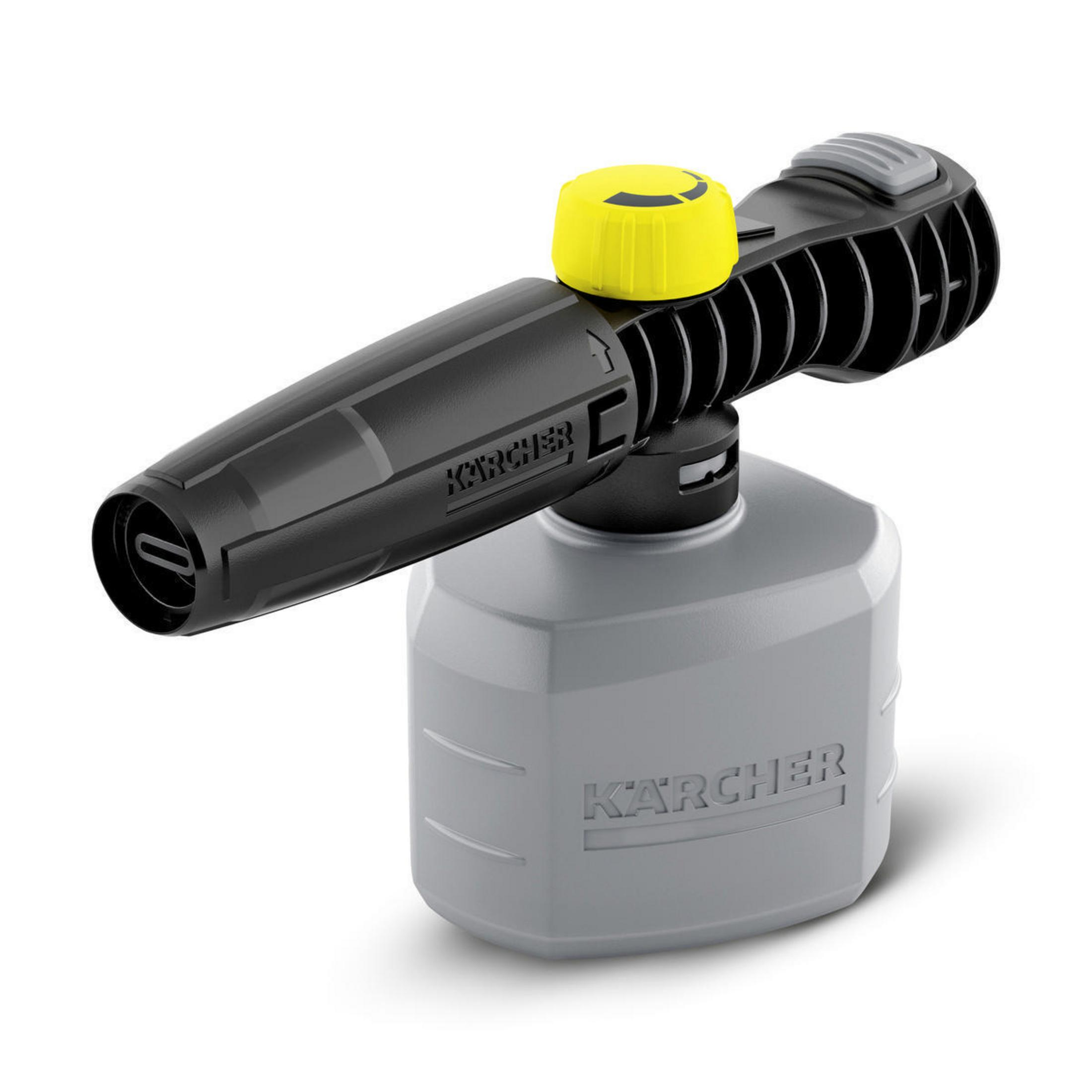 Detergente schiumogeno Karcher grigio con manopola gialla e ugello nero.