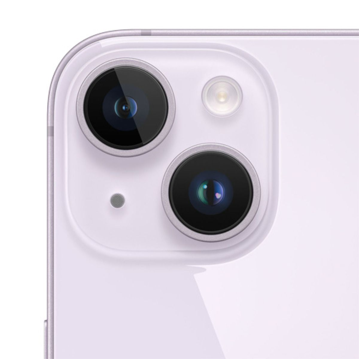 Retro di un iPhone viola con due obiettivi, flash e microfono.