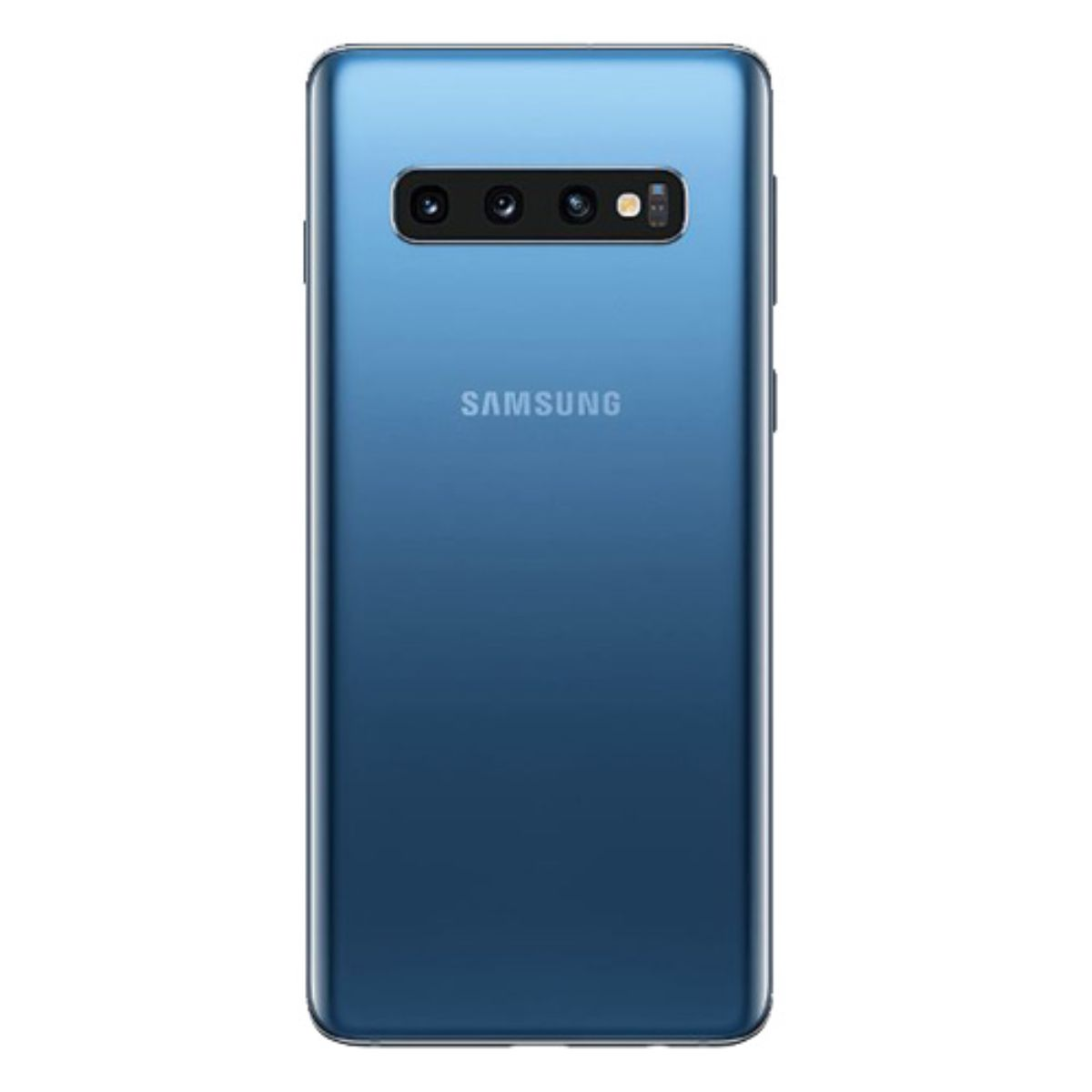 Rückseite eines blauen Samsung Smartphones mit vier Kameras und dem Samsung-Logo.
