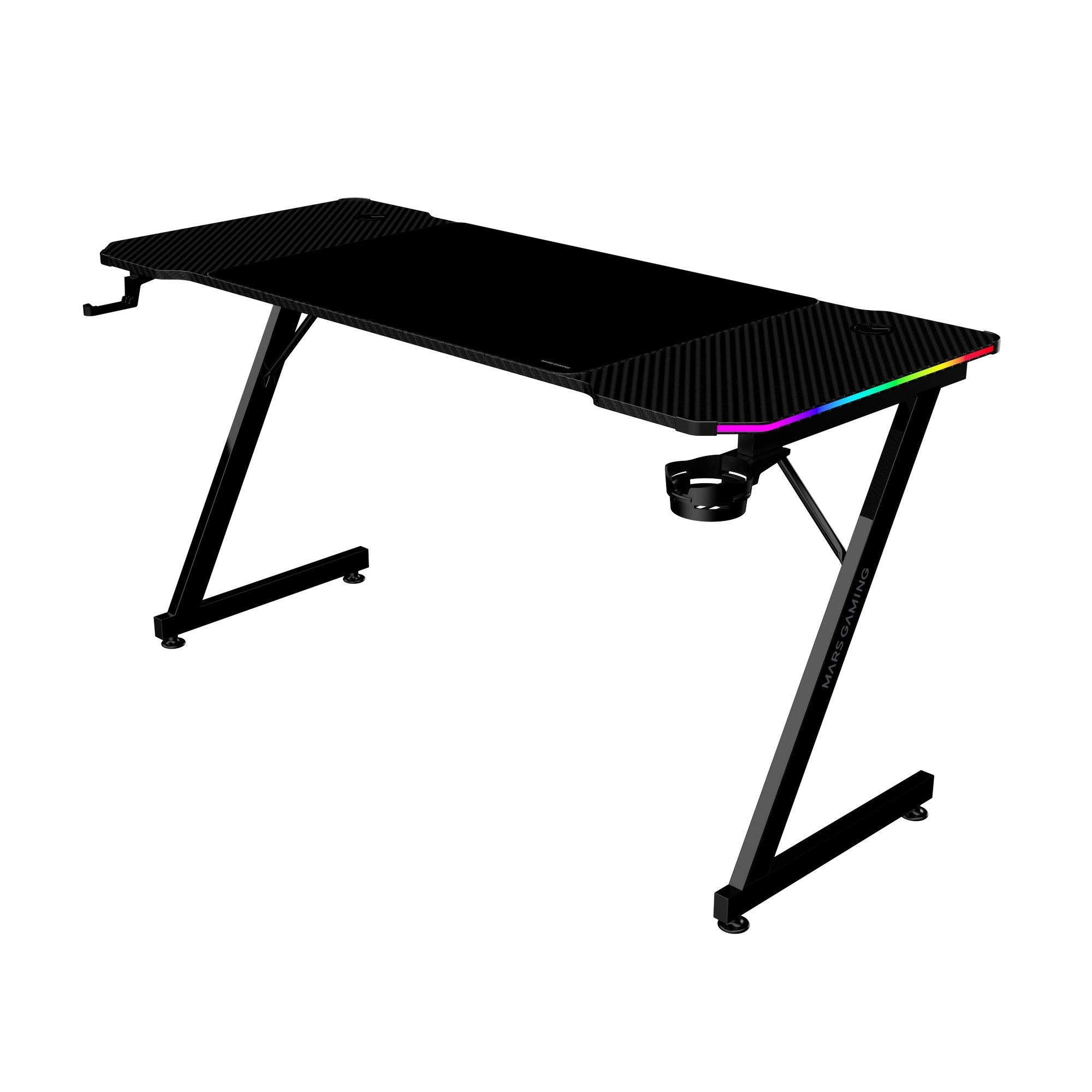 Escritorio gaming negro con patrón de carbono e iluminación RGB.