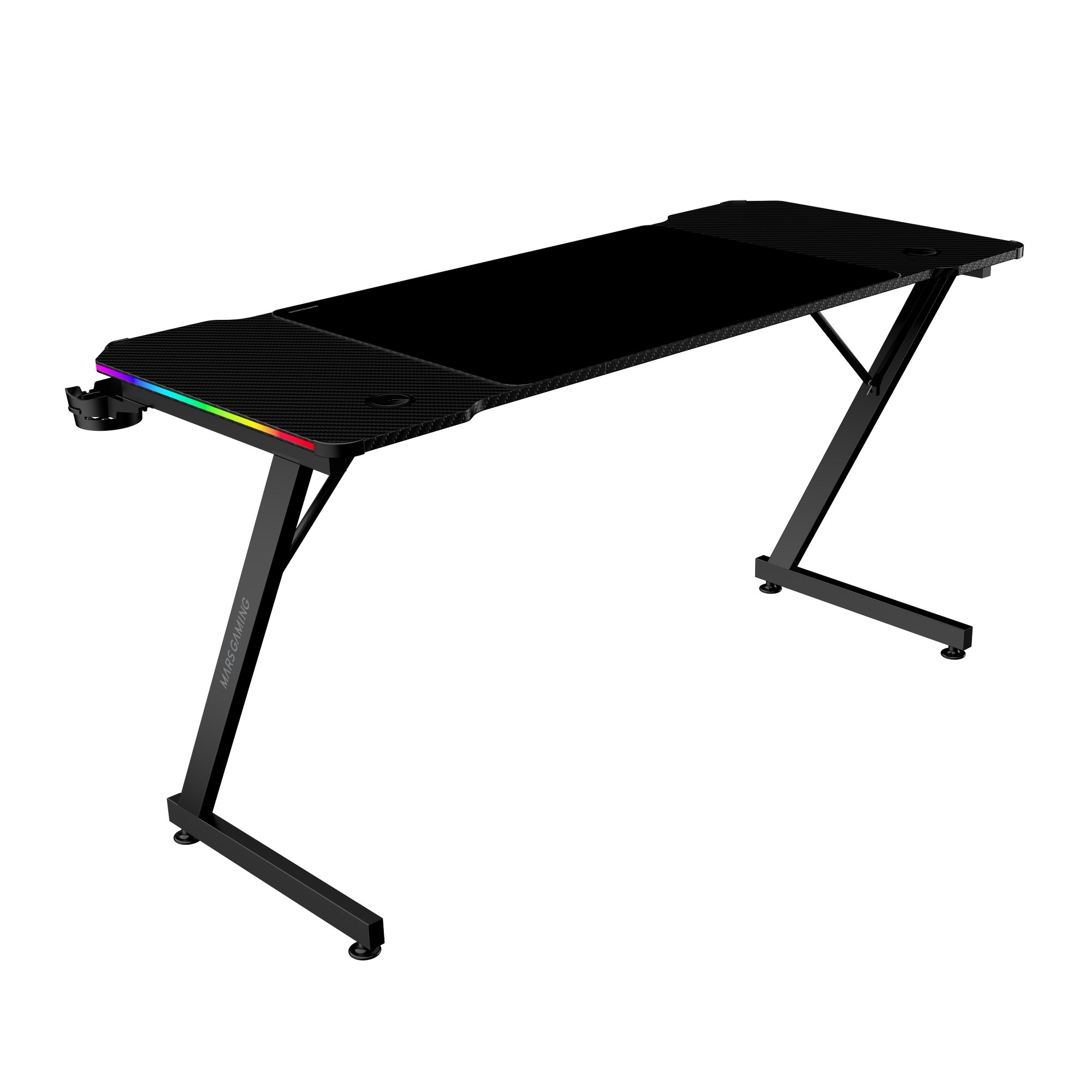 Escritorio gaming negro con patas en Z e iluminación RGB.