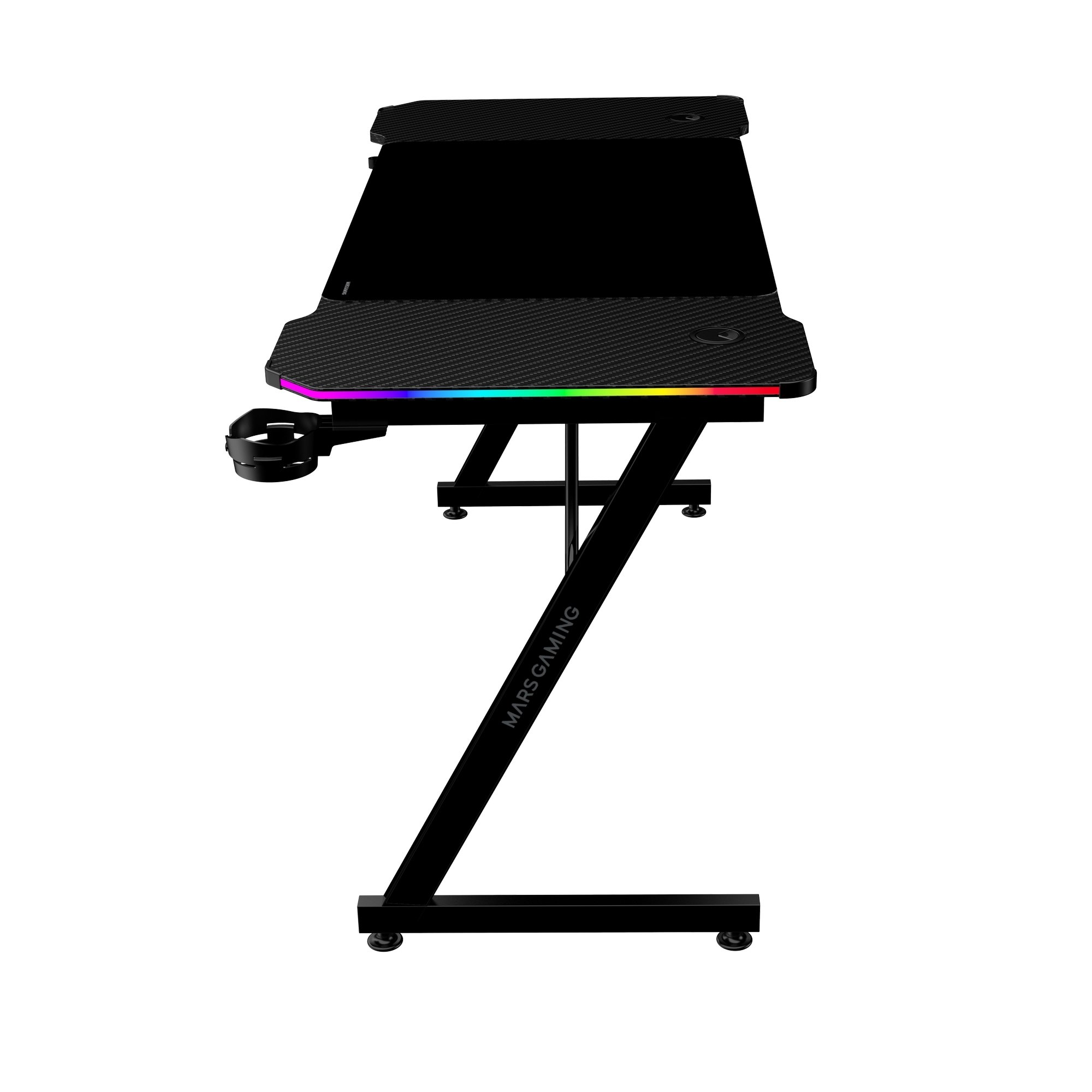 Escritorio gaming negro con textura de fibra de carbono, luces RGB, portavasos y patas en Z.