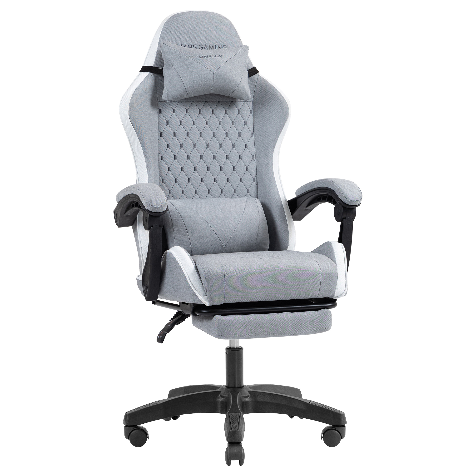 Silla gamer gris con reposacabezas, cojín lumbar y reposapiés retráctil.